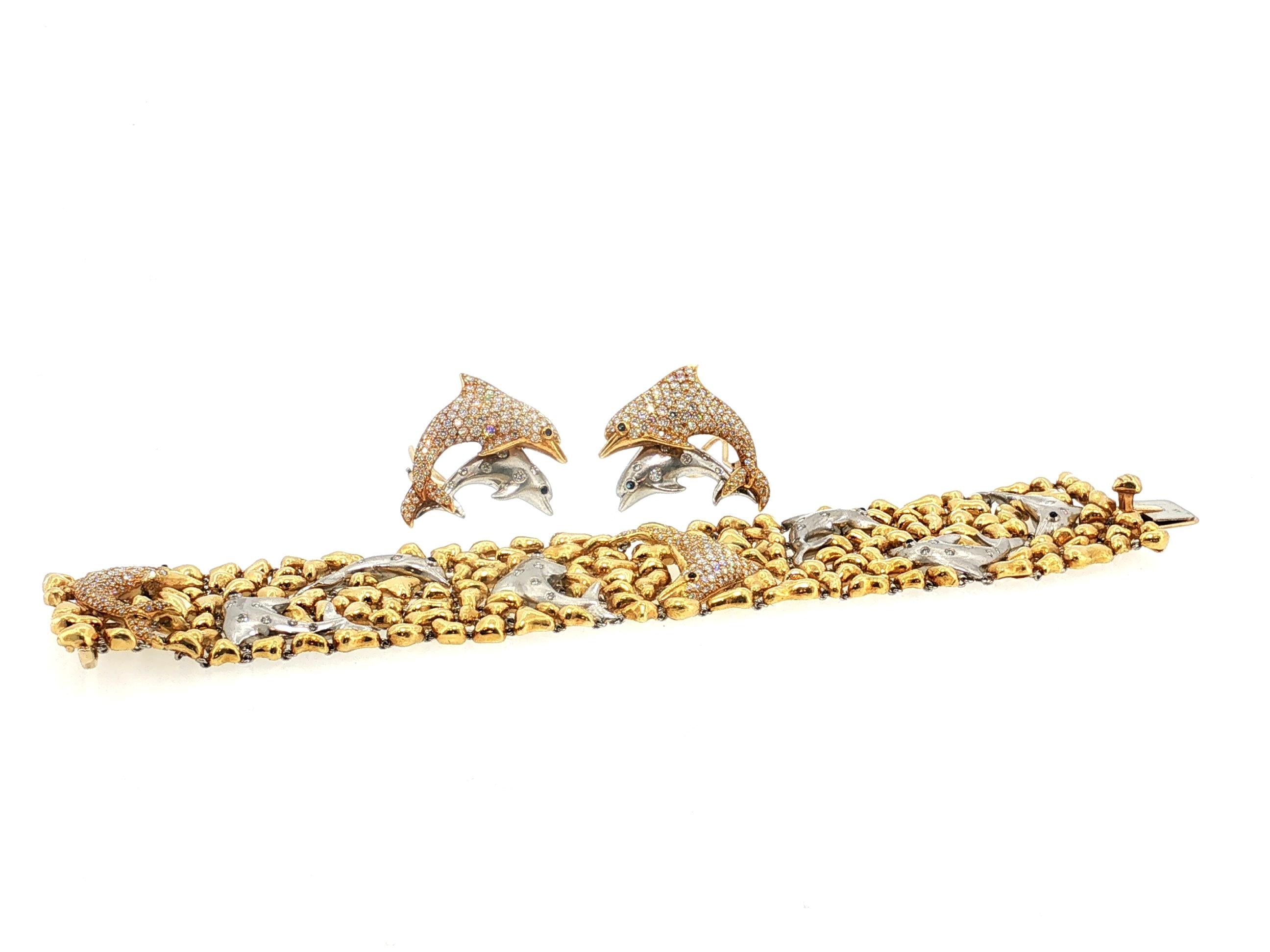 Julius Cohen 18K Gold Dolphin Clip-On Earrings Link Bracelet Set 8.2ct Diamond