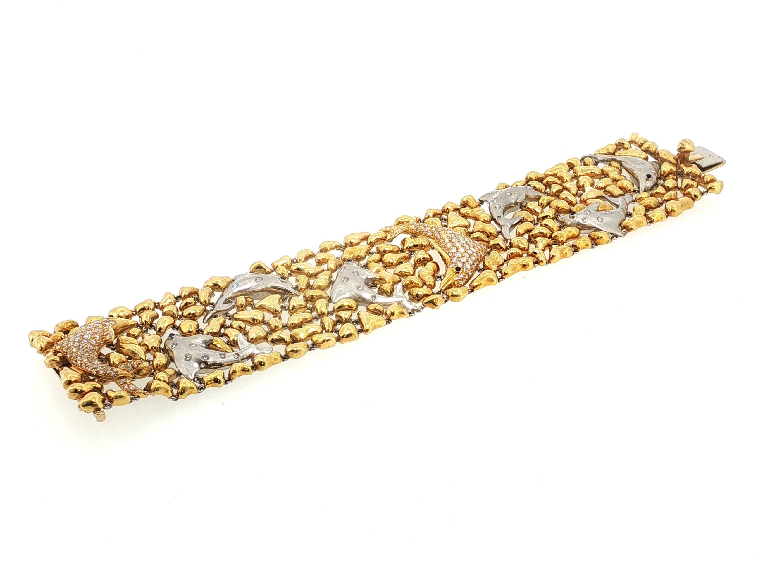 Julius Cohen 18K Gold Dolphin Clip-On Earrings Link Bracelet Set 8.2ct Diamond
