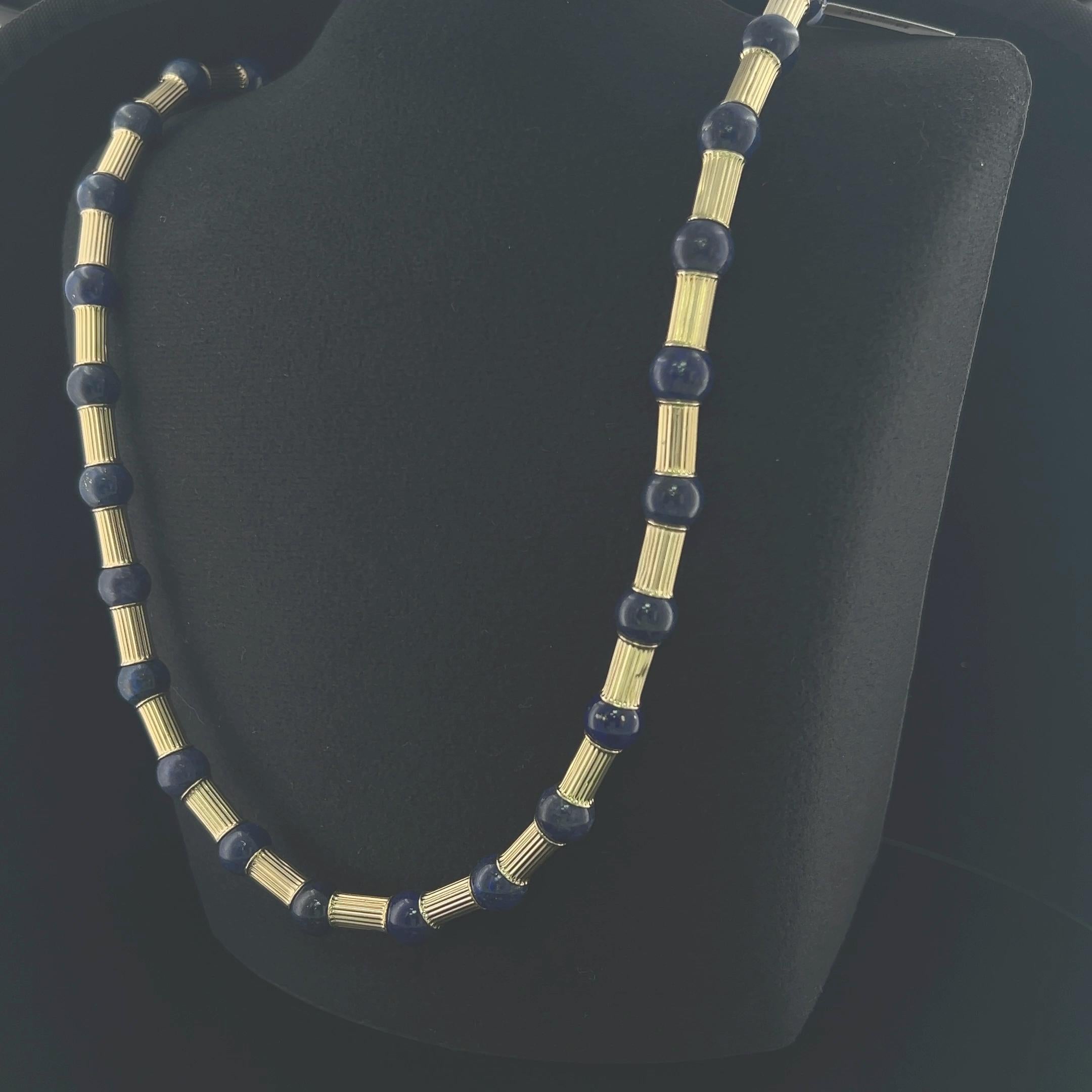 Vintage 14K Yellow Gold Beaded Necklace with 10.00 MM Lapis Lazuli