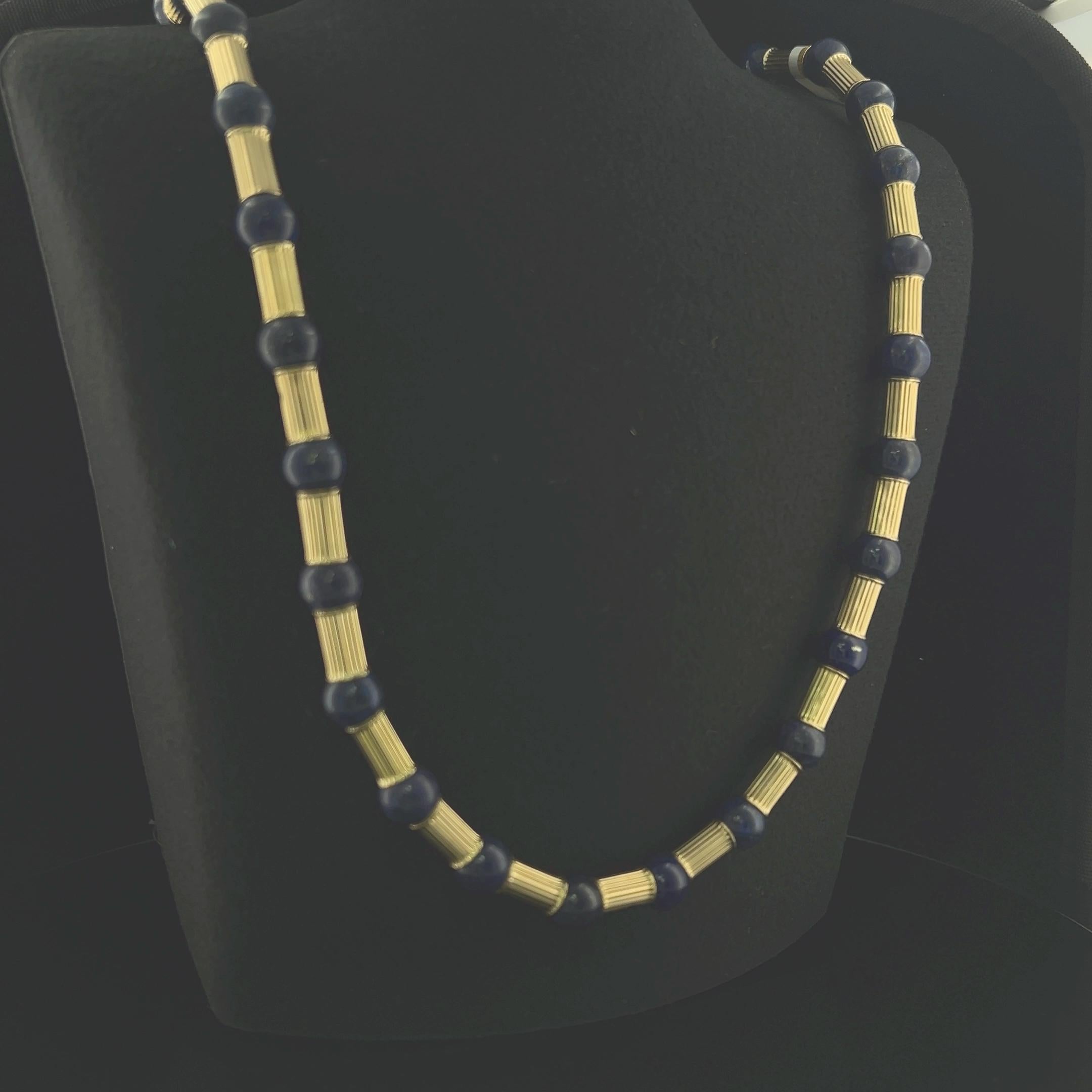 Vintage 14K Yellow Gold Beaded Necklace with 10.00 MM Lapis Lazuli
