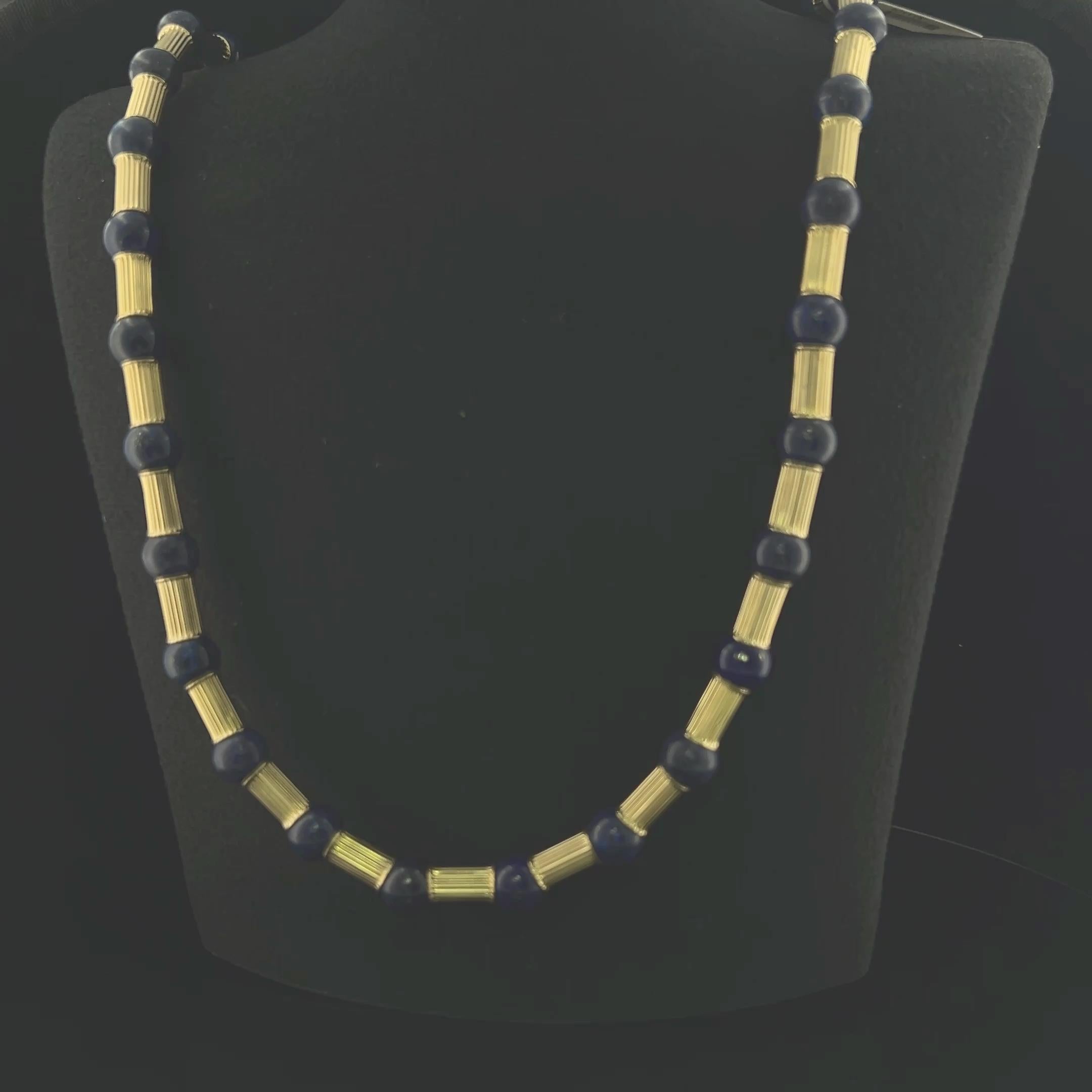 Vintage 14K Yellow Gold Beaded Necklace with 10.00 MM Lapis Lazuli
