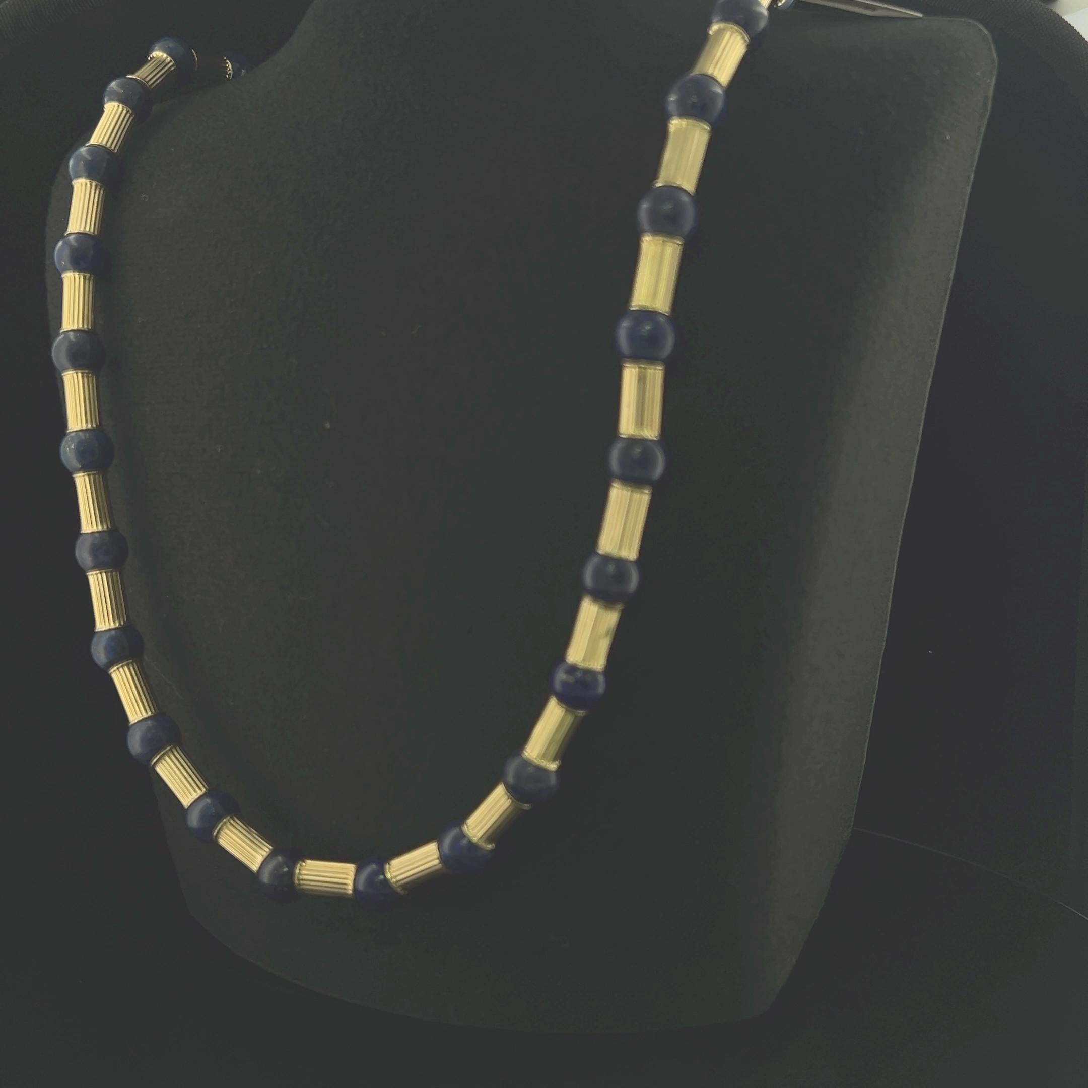Vintage 14K Yellow Gold Beaded Necklace with 10.00 MM Lapis Lazuli