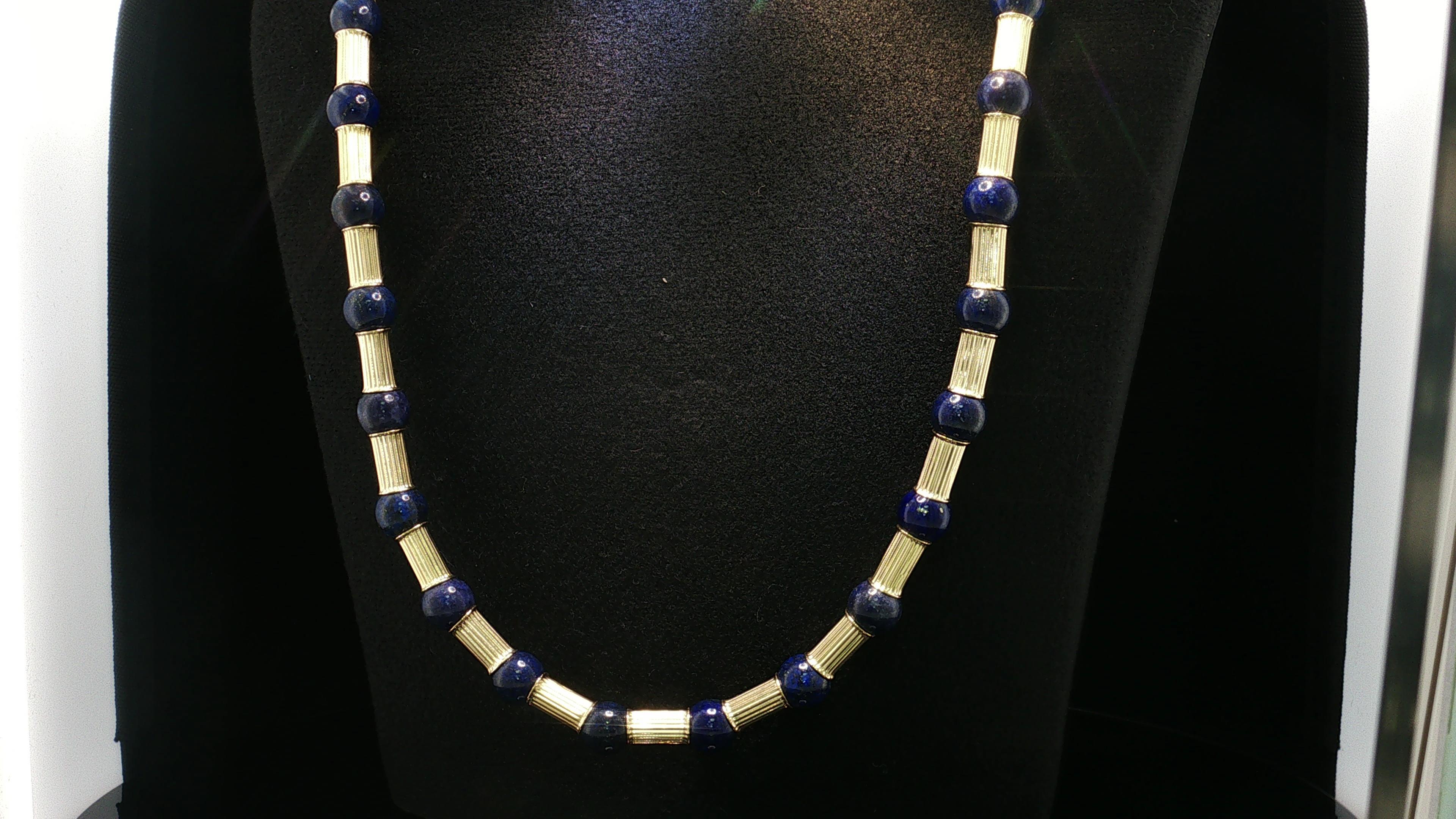 Vintage 14K Yellow Gold Beaded Necklace with 10.00 MM Lapis Lazuli
