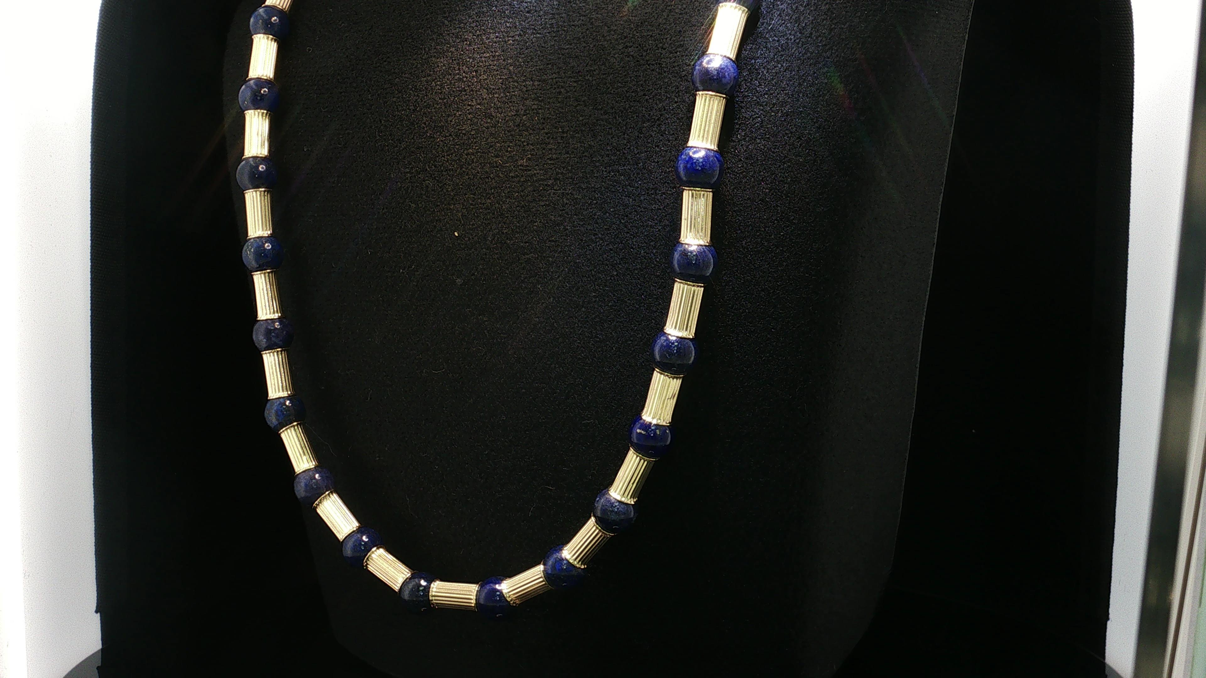 Vintage 14K Yellow Gold Beaded Necklace with 10.00 MM Lapis Lazuli