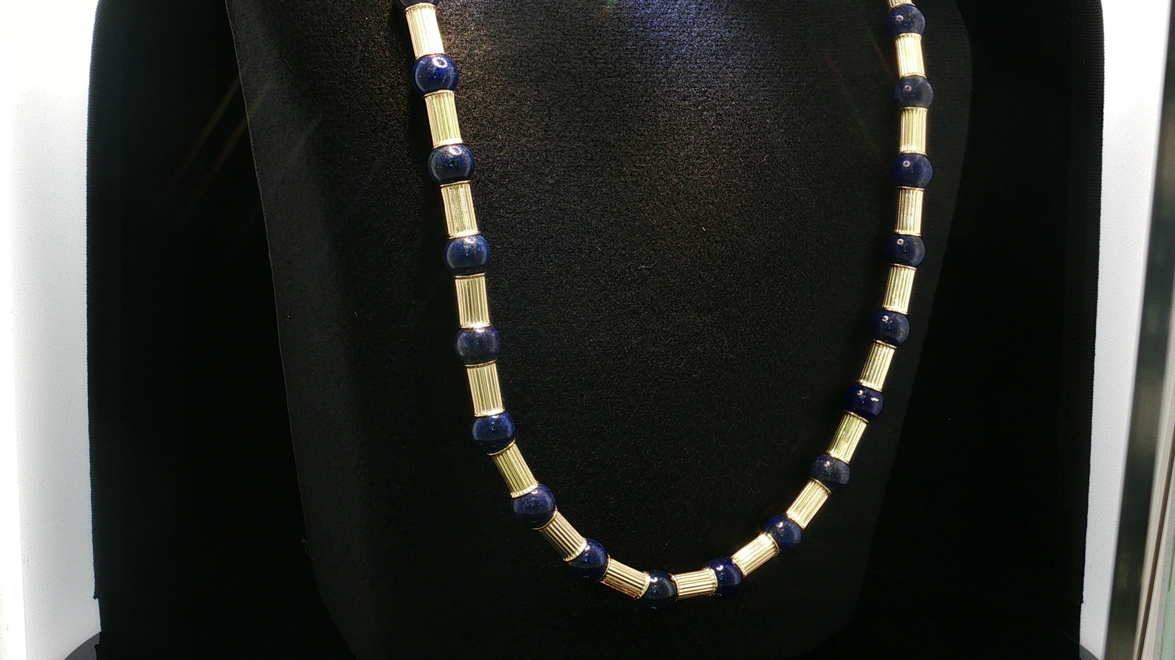 Vintage 14K Yellow Gold Beaded Necklace with 10.00 MM Lapis Lazuli