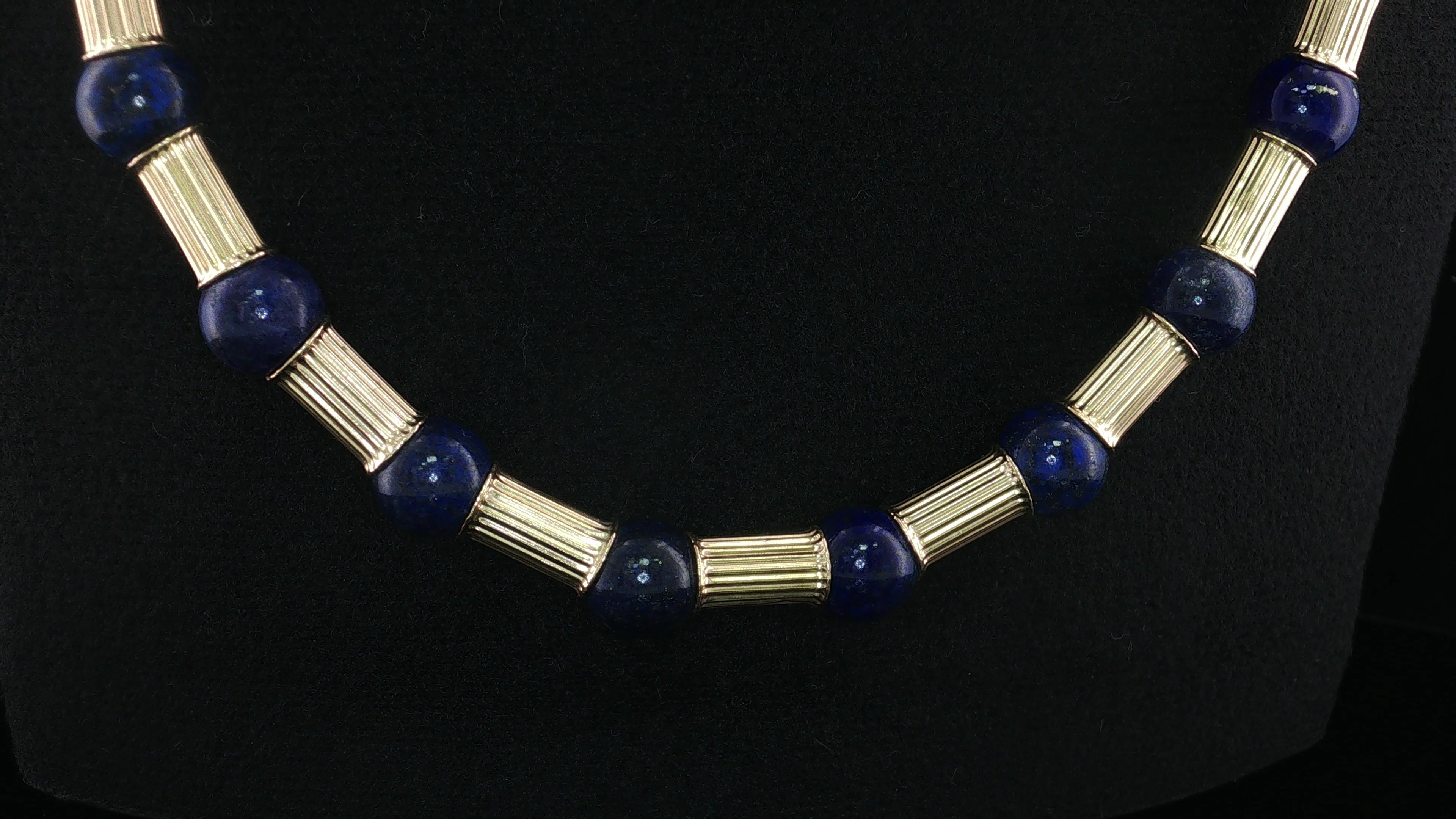 Vintage 14K Yellow Gold Beaded Necklace with 10.00 MM Lapis Lazuli
