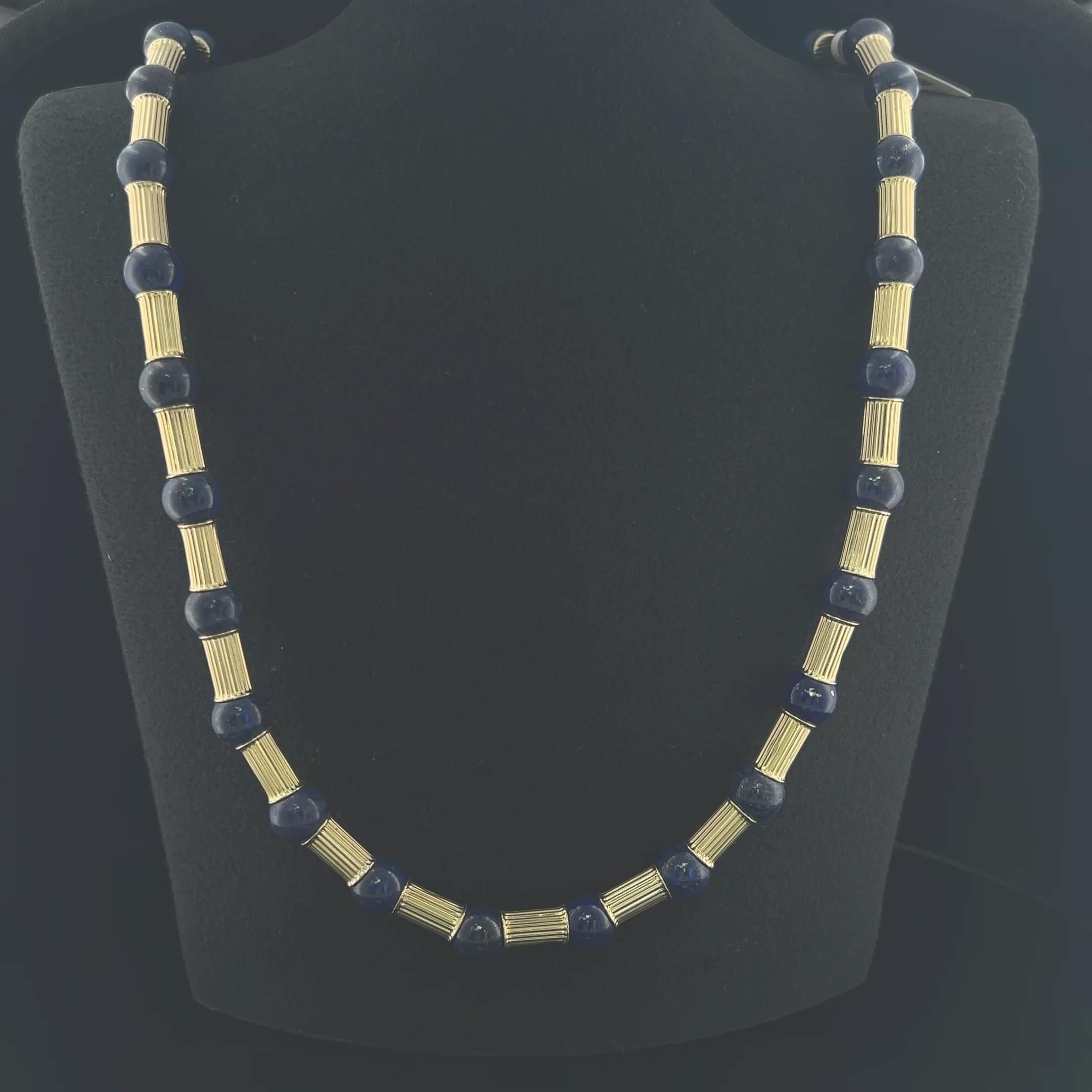 Vintage 14K Yellow Gold Beaded Necklace with 10.00 MM Lapis Lazuli