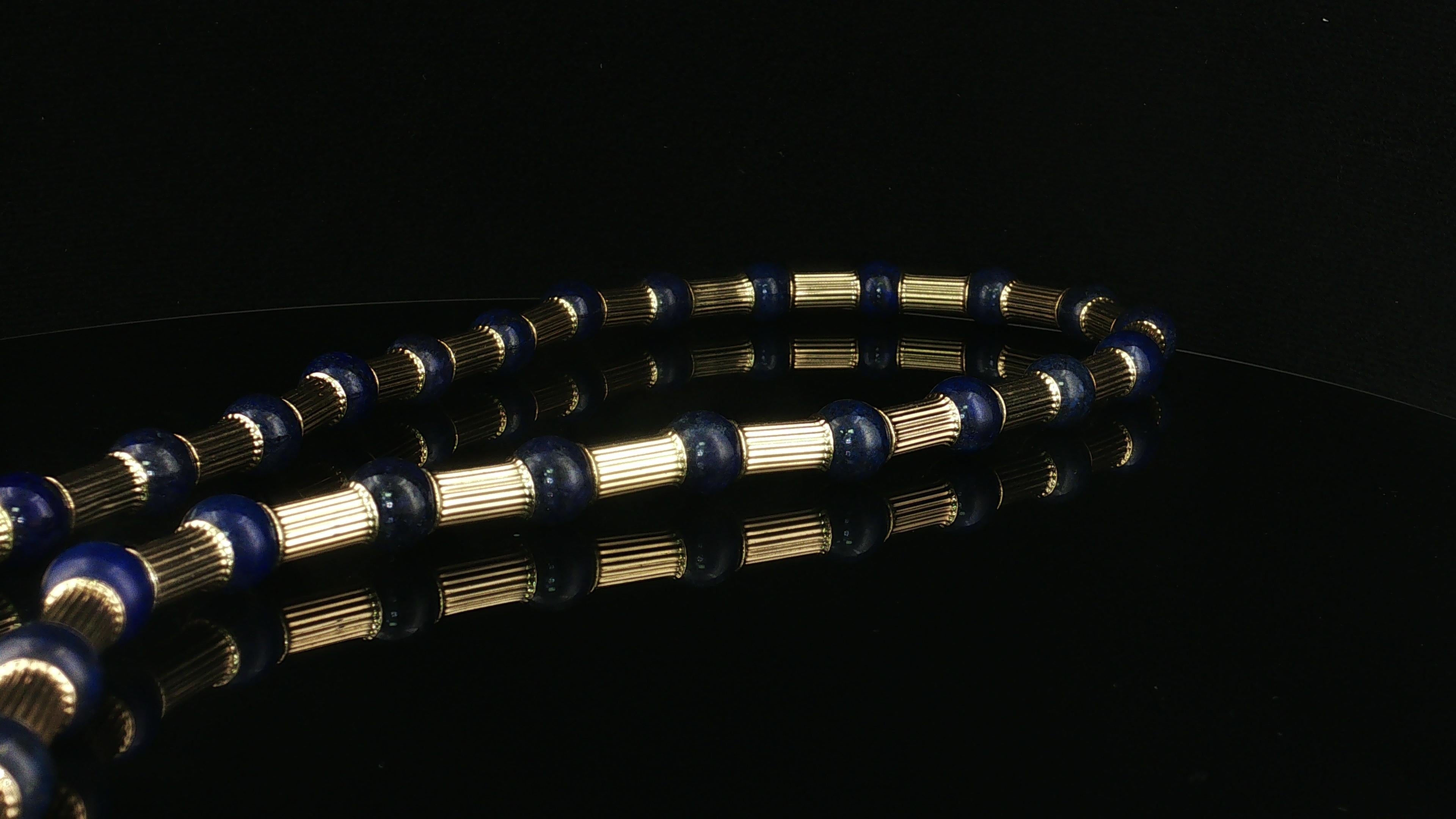 Vintage 14K Yellow Gold Beaded Necklace with 10.00 MM Lapis Lazuli