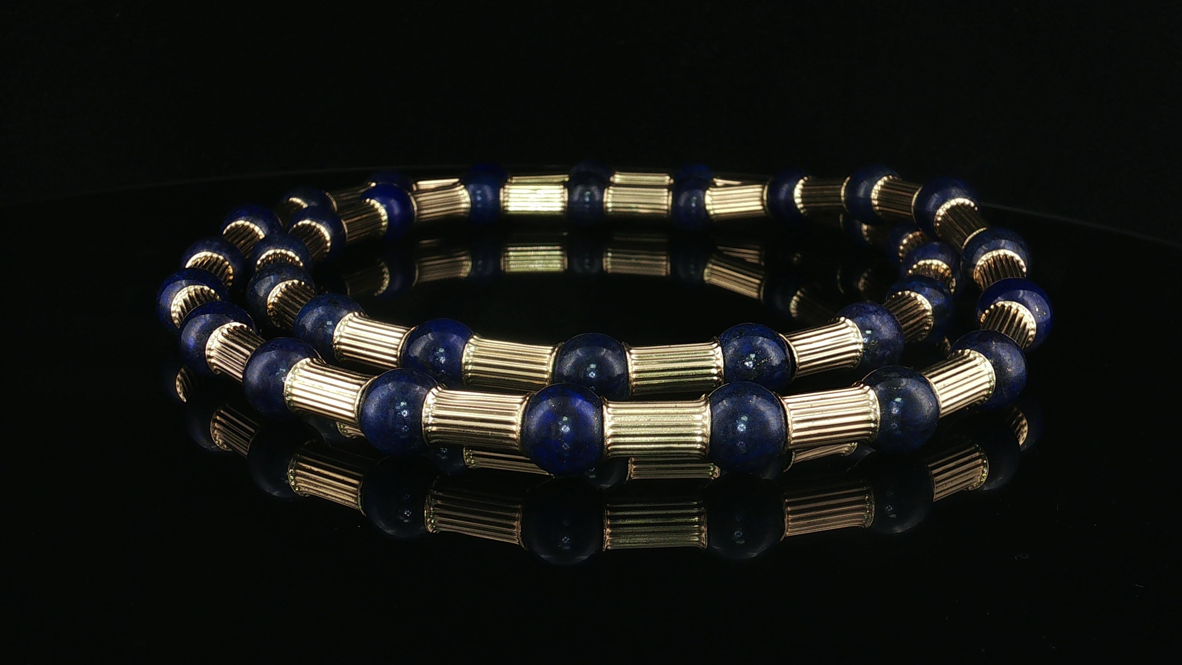 Vintage 14K Yellow Gold Beaded Necklace with 10.00 MM Lapis Lazuli