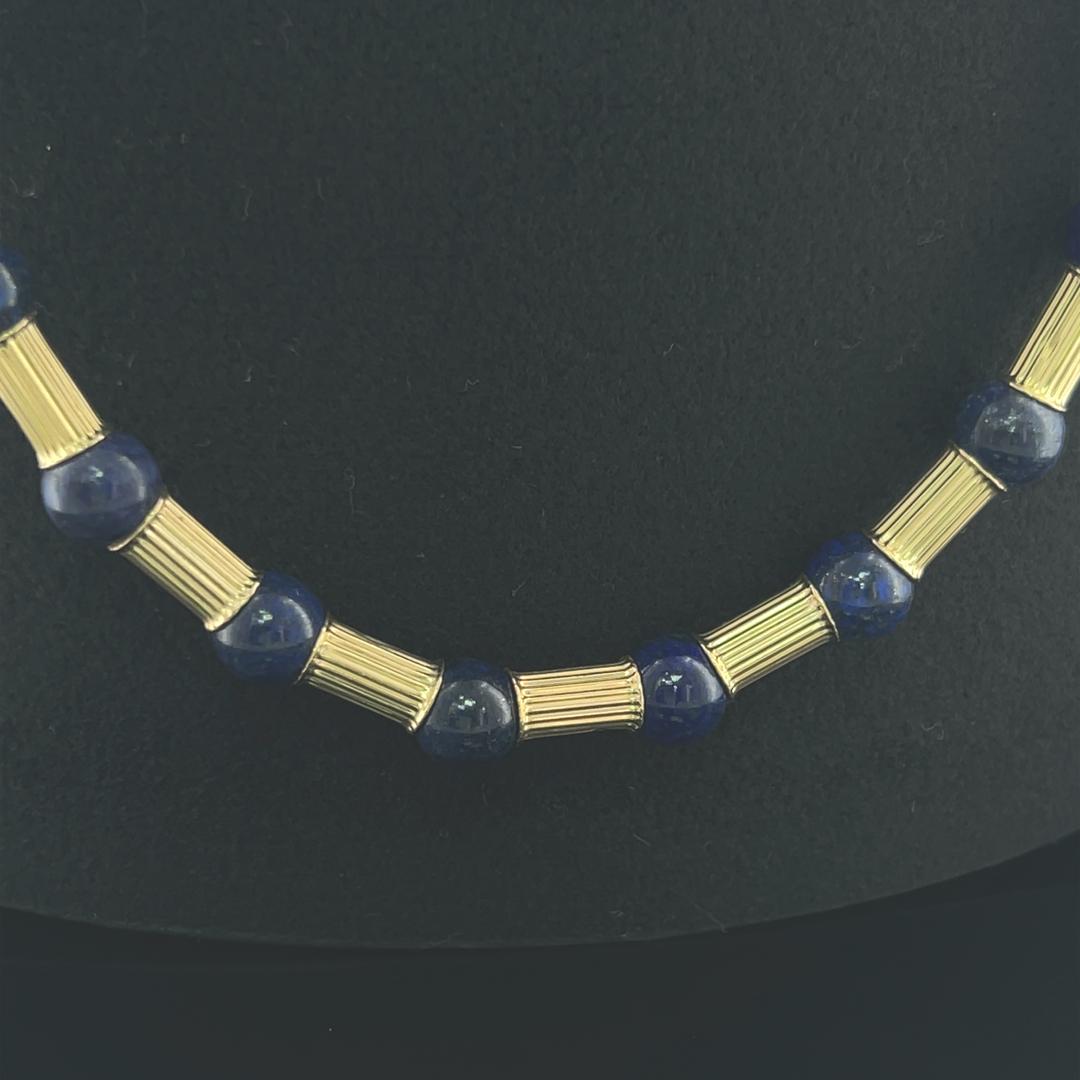 Vintage 14K Yellow Gold Beaded Necklace with 10.00 MM Lapis Lazuli