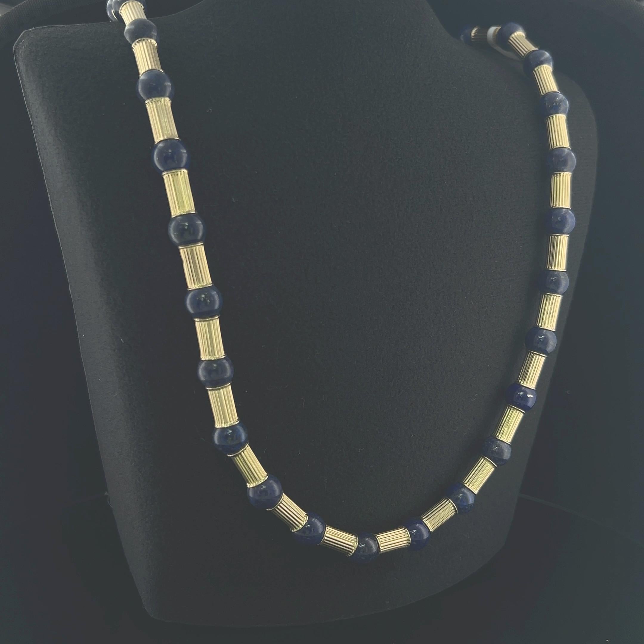 Vintage 14K Yellow Gold Beaded Necklace with 10.00 MM Lapis Lazuli