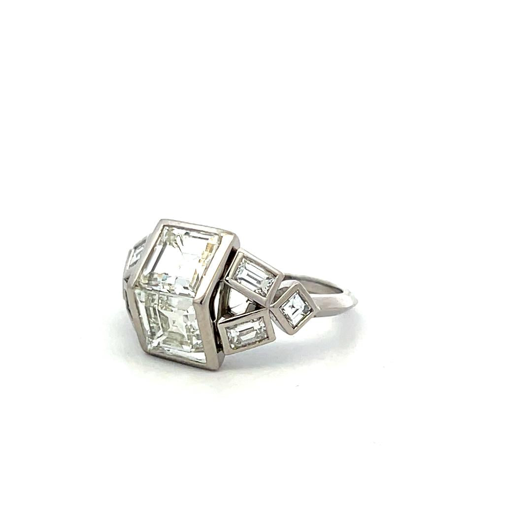Platinum Two-Stone Ring with 3.85 Ct Emerald & Asscher Cut Diamonds G-VVS1 GIA