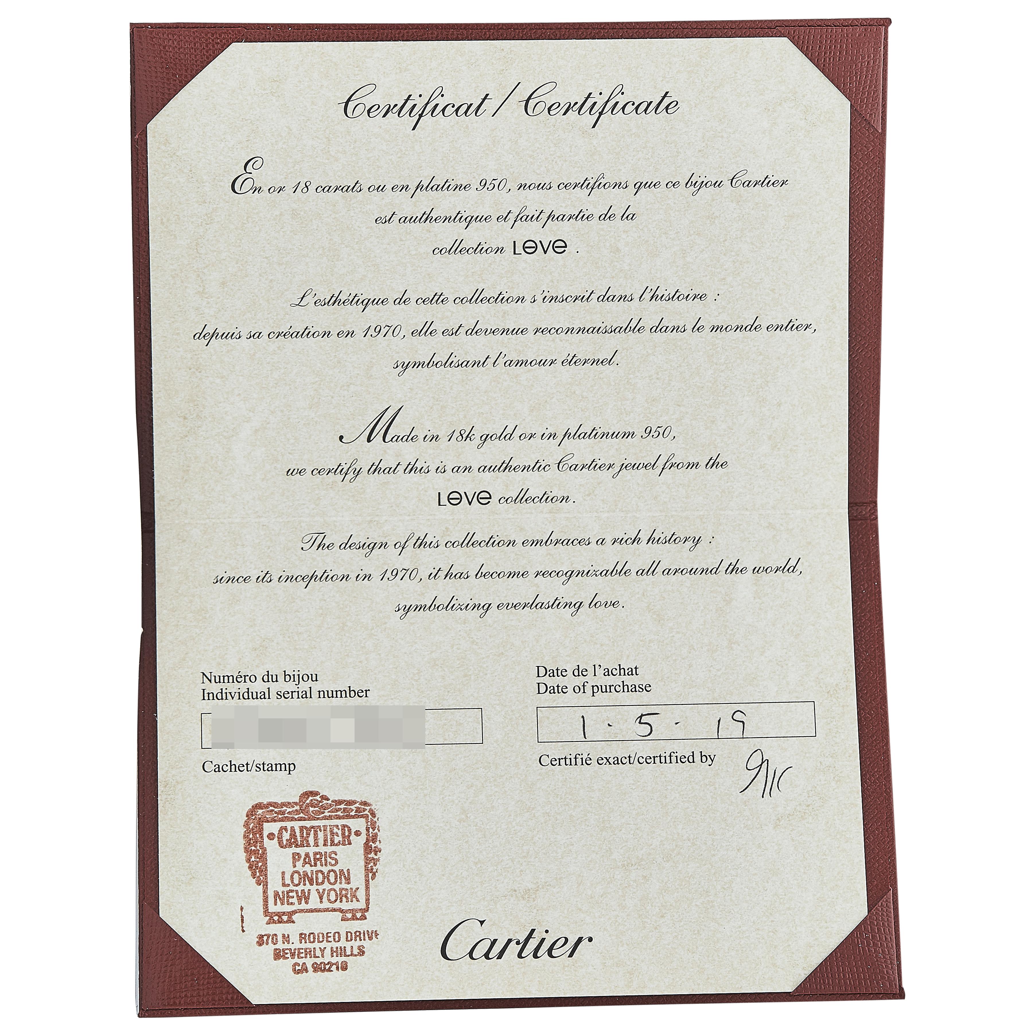 Cartier 18K White Gold Love Ring with 0.18 Carat Diamonds Size 10 w Certificate