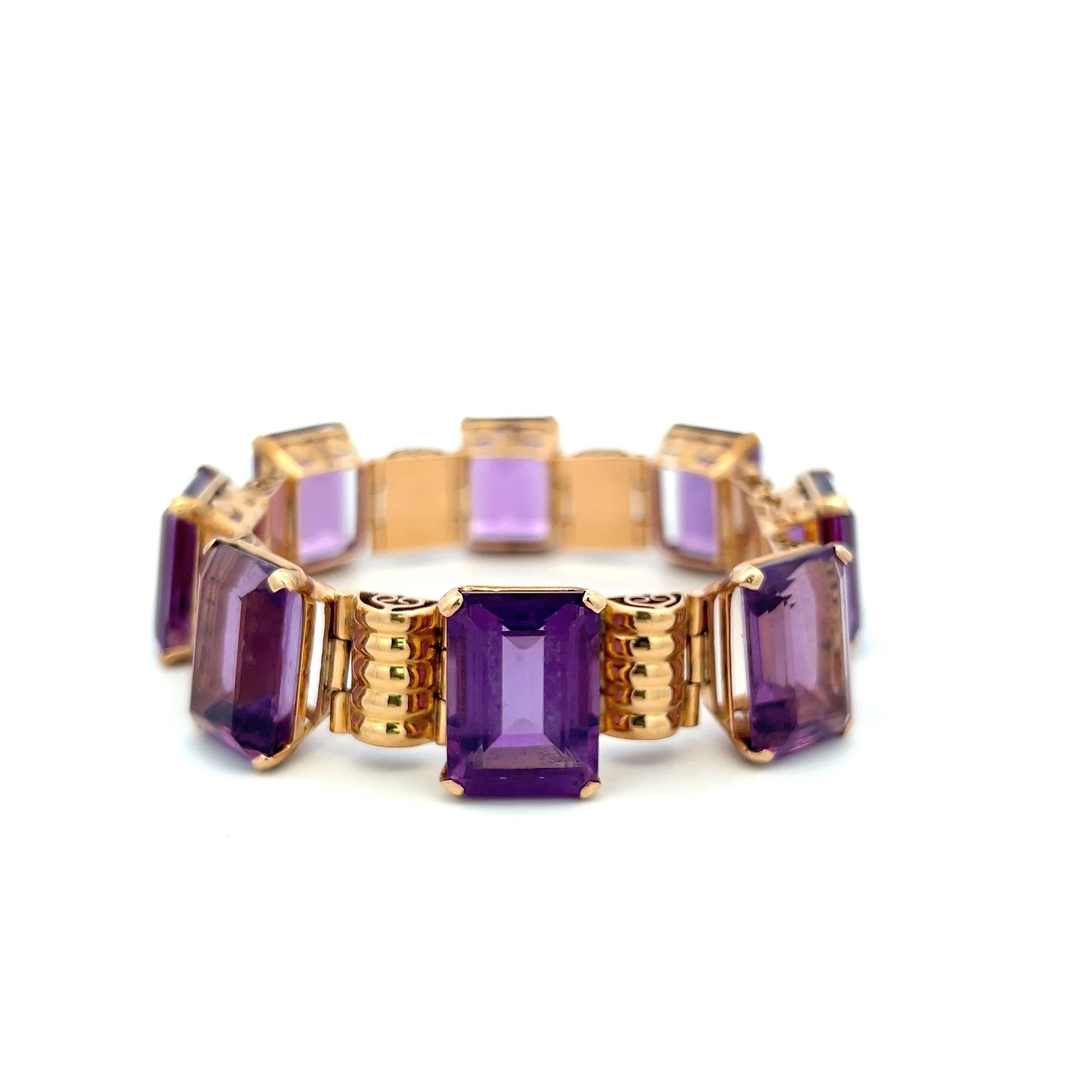 Vintage 18K Rose Gold Link Bracelet with 120 Carat Emerald Cut Amethysts 59.9g