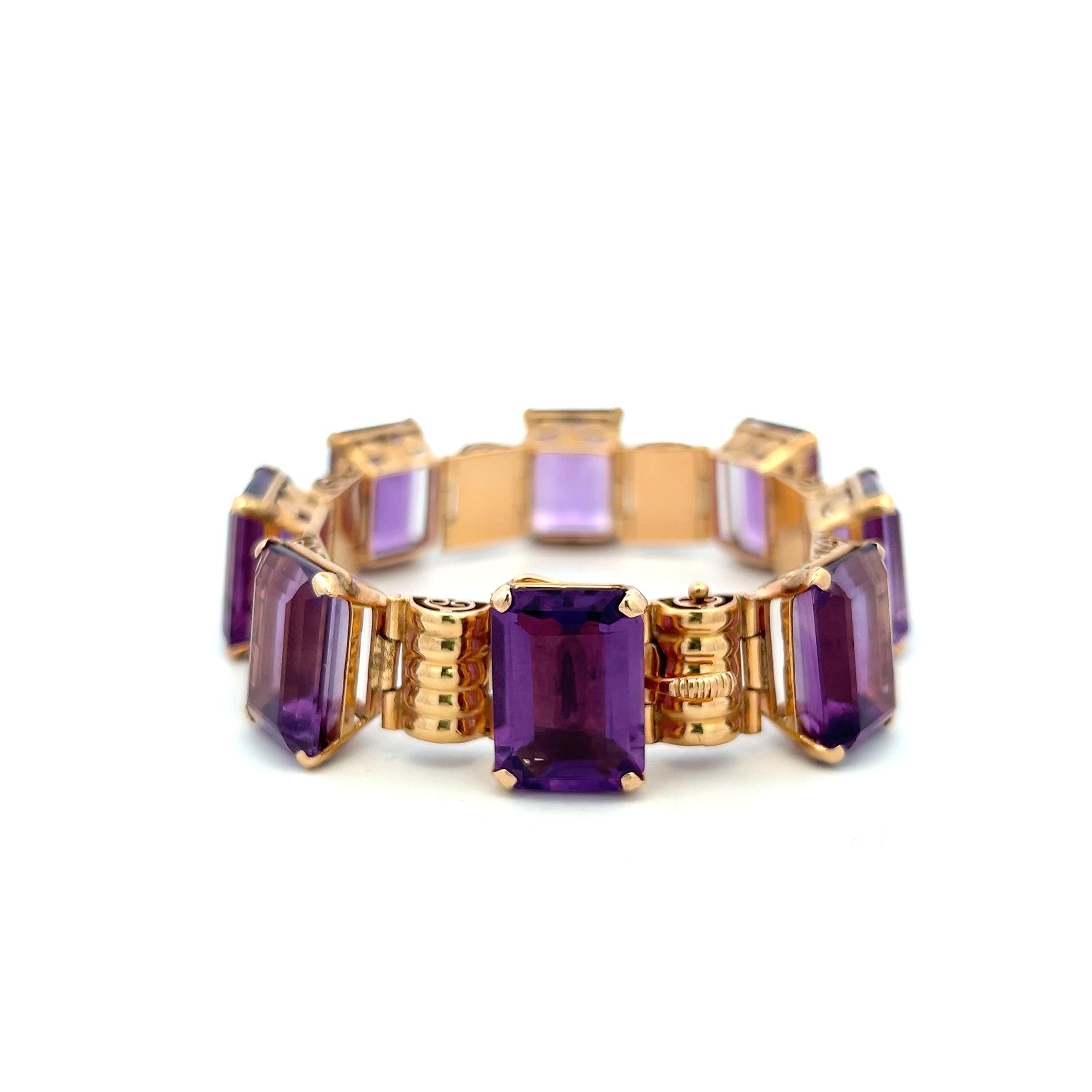 Vintage 18K Rose Gold Link Bracelet with 120 Carat Emerald Cut Amethysts 59.9g