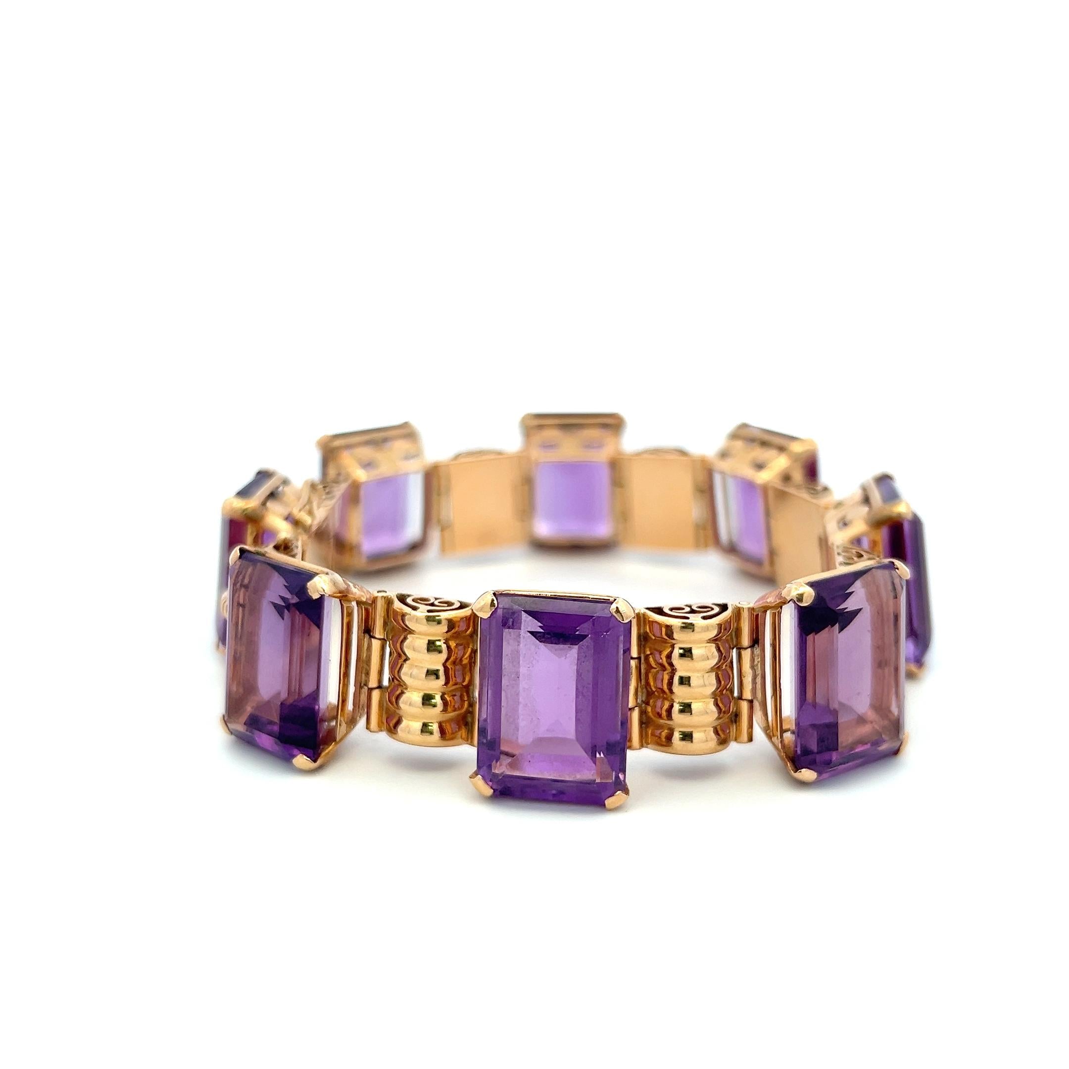 Vintage 18K Rose Gold Link Bracelet with 120 Carat Emerald Cut Amethysts 59.9g