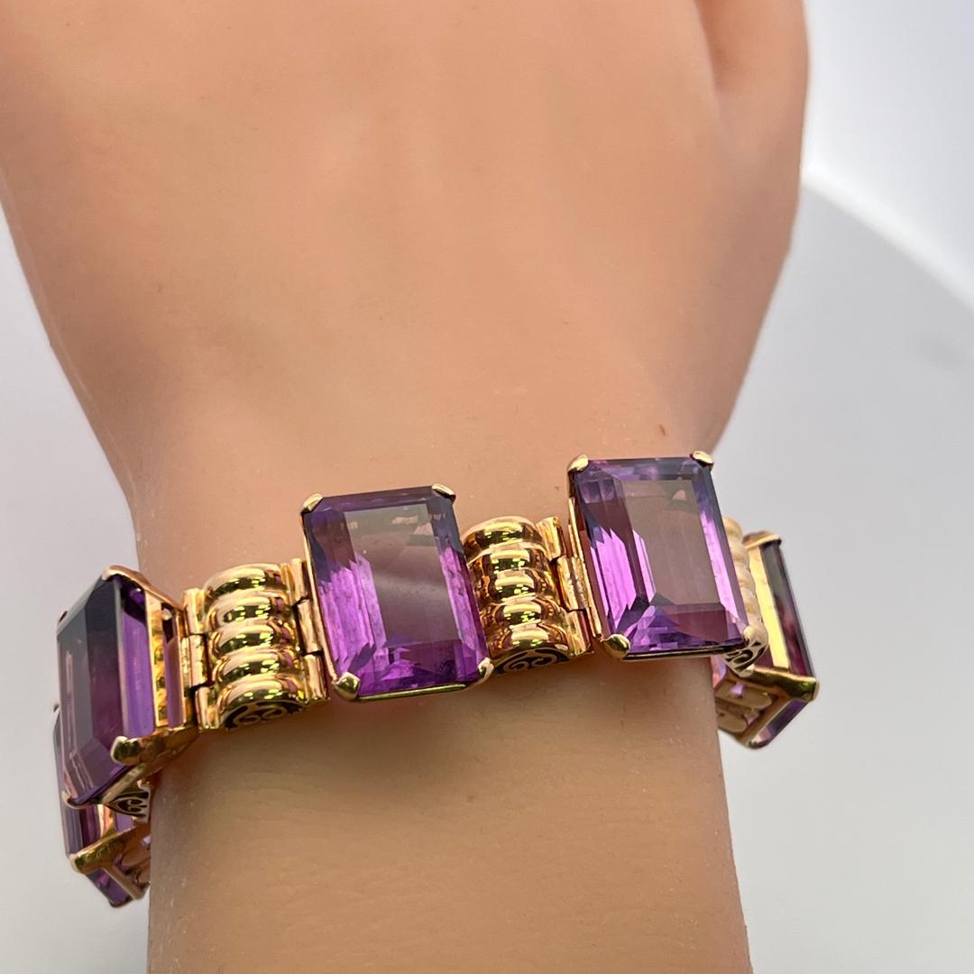 Vintage 18K Rose Gold Link Bracelet with 120 Carat Emerald Cut Amethysts 59.9g