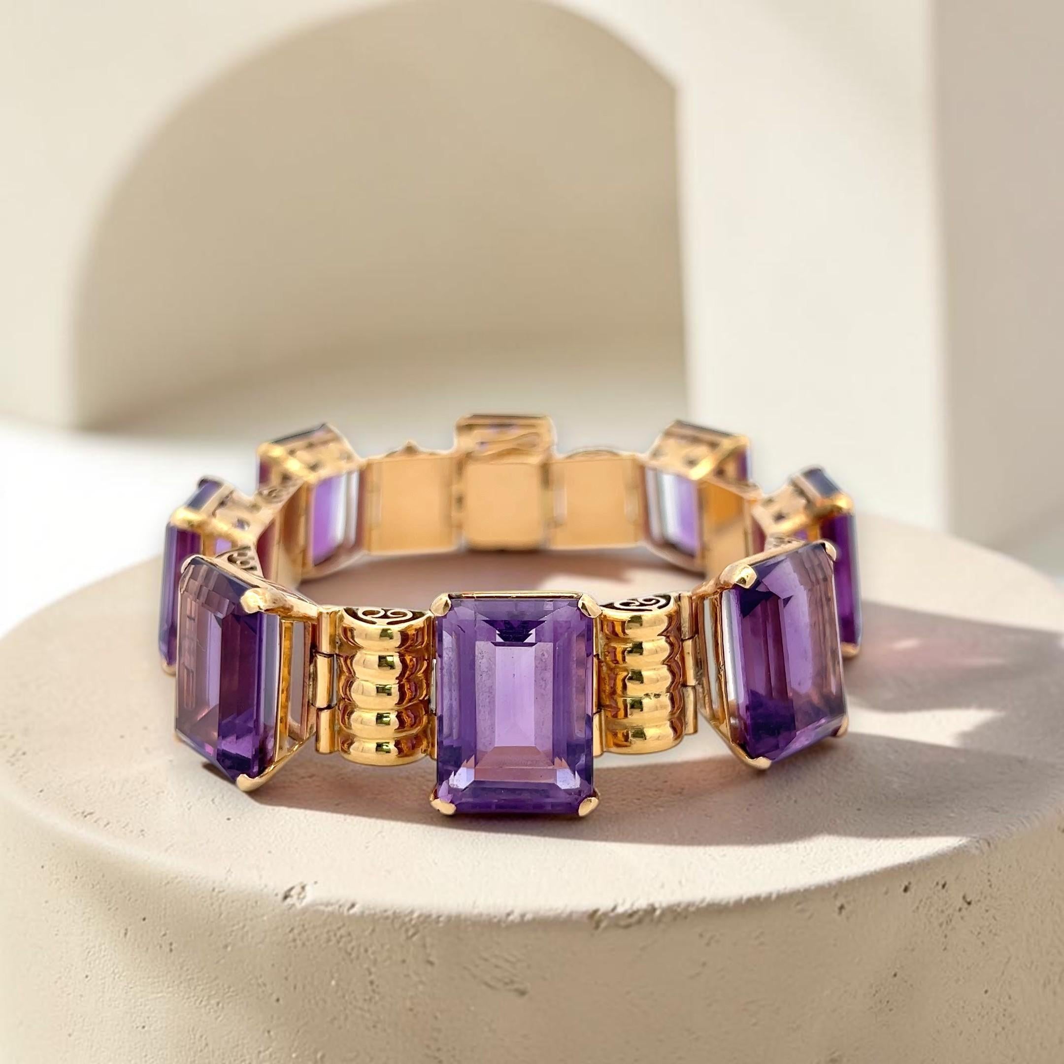 Vintage 18K Rose Gold Link Bracelet with 120 Carat Emerald Cut Amethysts 59.9g