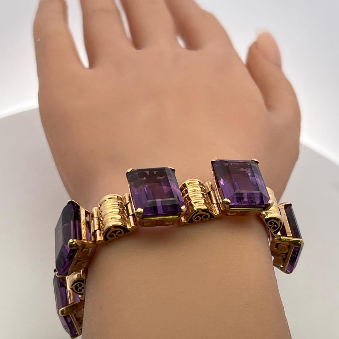 Vintage 18K Rose Gold Link Bracelet with 120 Carat Emerald Cut Amethysts 59.9g