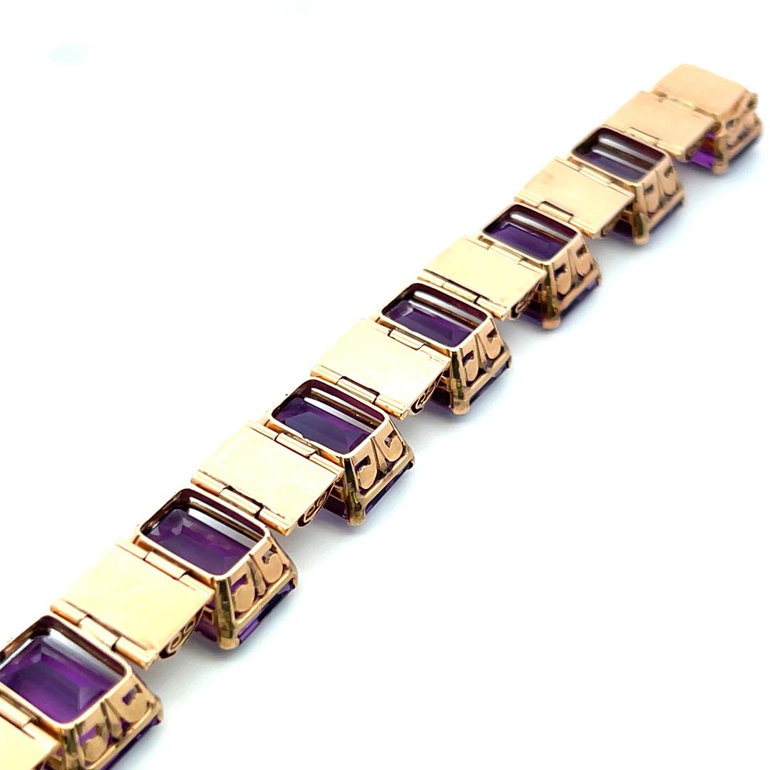 Vintage 18K Rose Gold Link Bracelet with 120 Carat Emerald Cut Amethysts 59.9g
