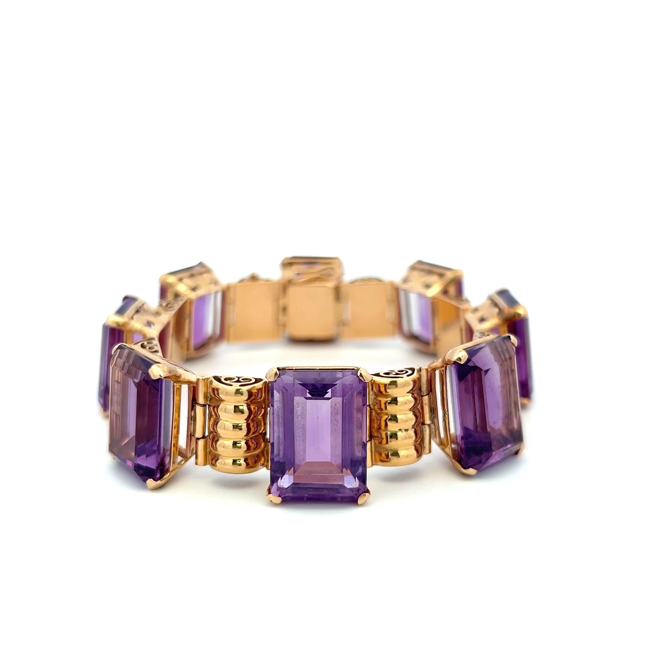 Vintage 18K Rose Gold Link Bracelet with 120 Carat Emerald Cut Amethysts 59.9g