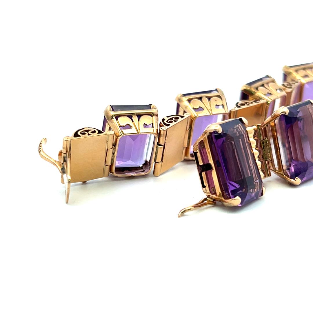 Vintage 18K Rose Gold Link Bracelet with 120 Carat Emerald Cut Amethysts 59.9g