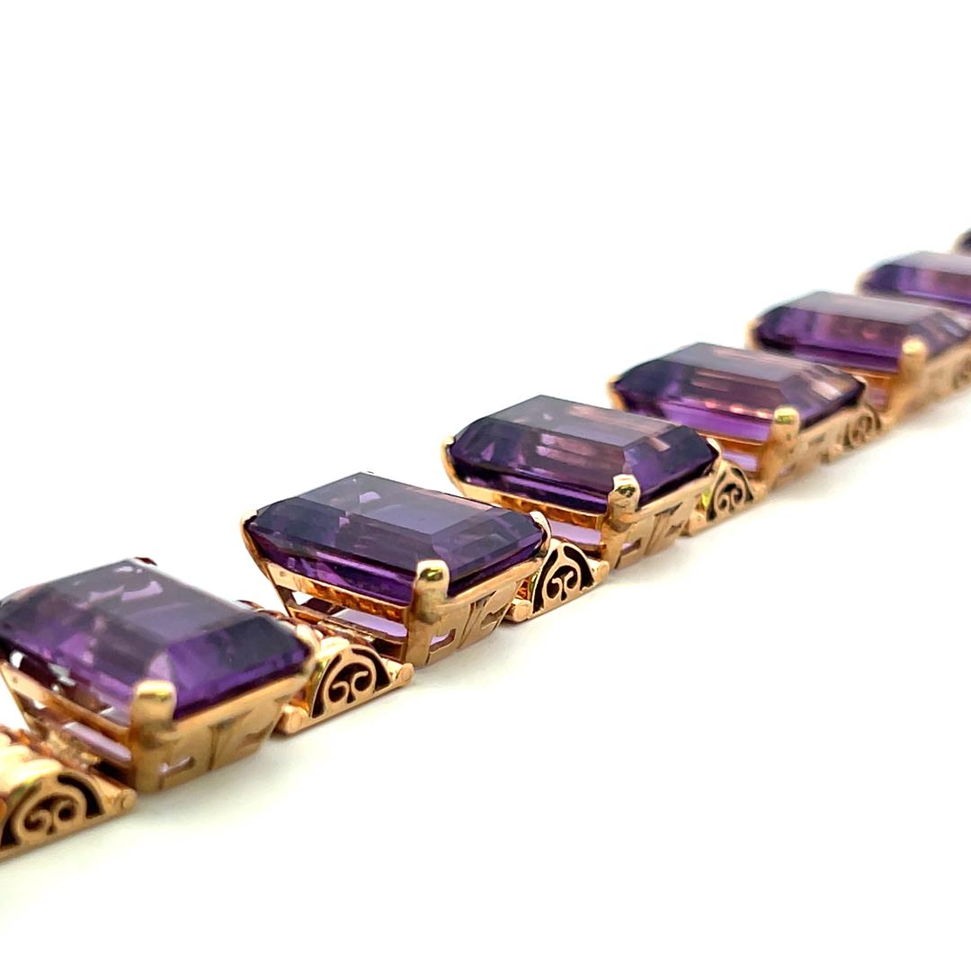 Vintage 18K Rose Gold Link Bracelet with 120 Carat Emerald Cut Amethysts 59.9g
