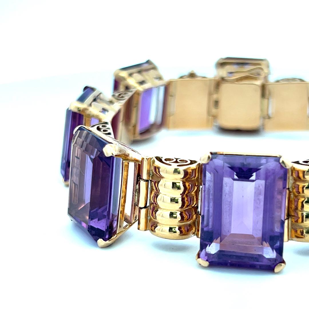 Vintage 18K Rose Gold Link Bracelet with 120 Carat Emerald Cut Amethysts 59.9g