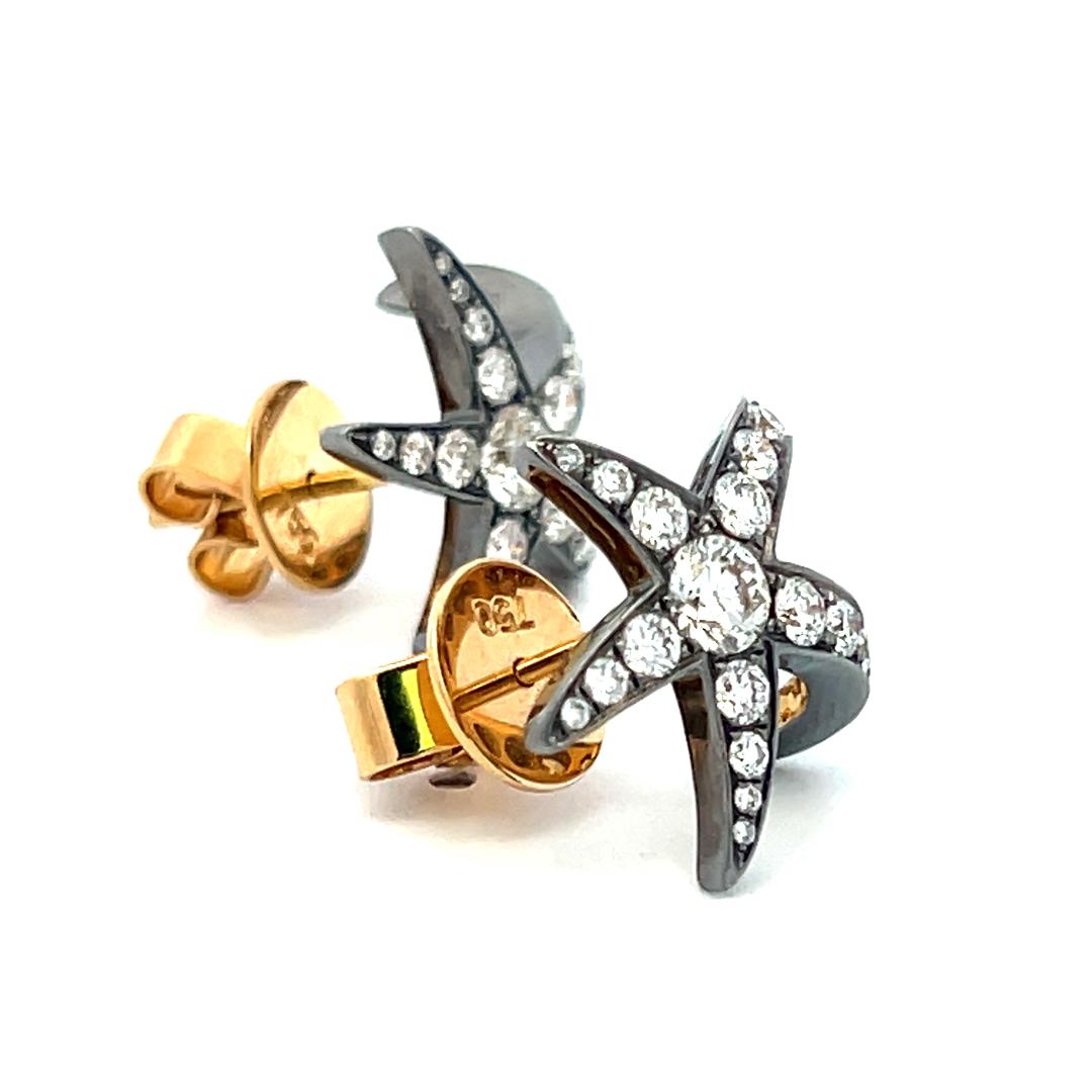 14K Two-Tone Gold Starfish Stud Earrings 1.3ct Old European Cut G VS Diamonds