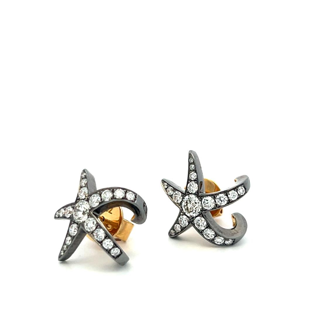 14K Two-Tone Gold Starfish Stud Earrings 1.3ct Old European Cut G VS Diamonds