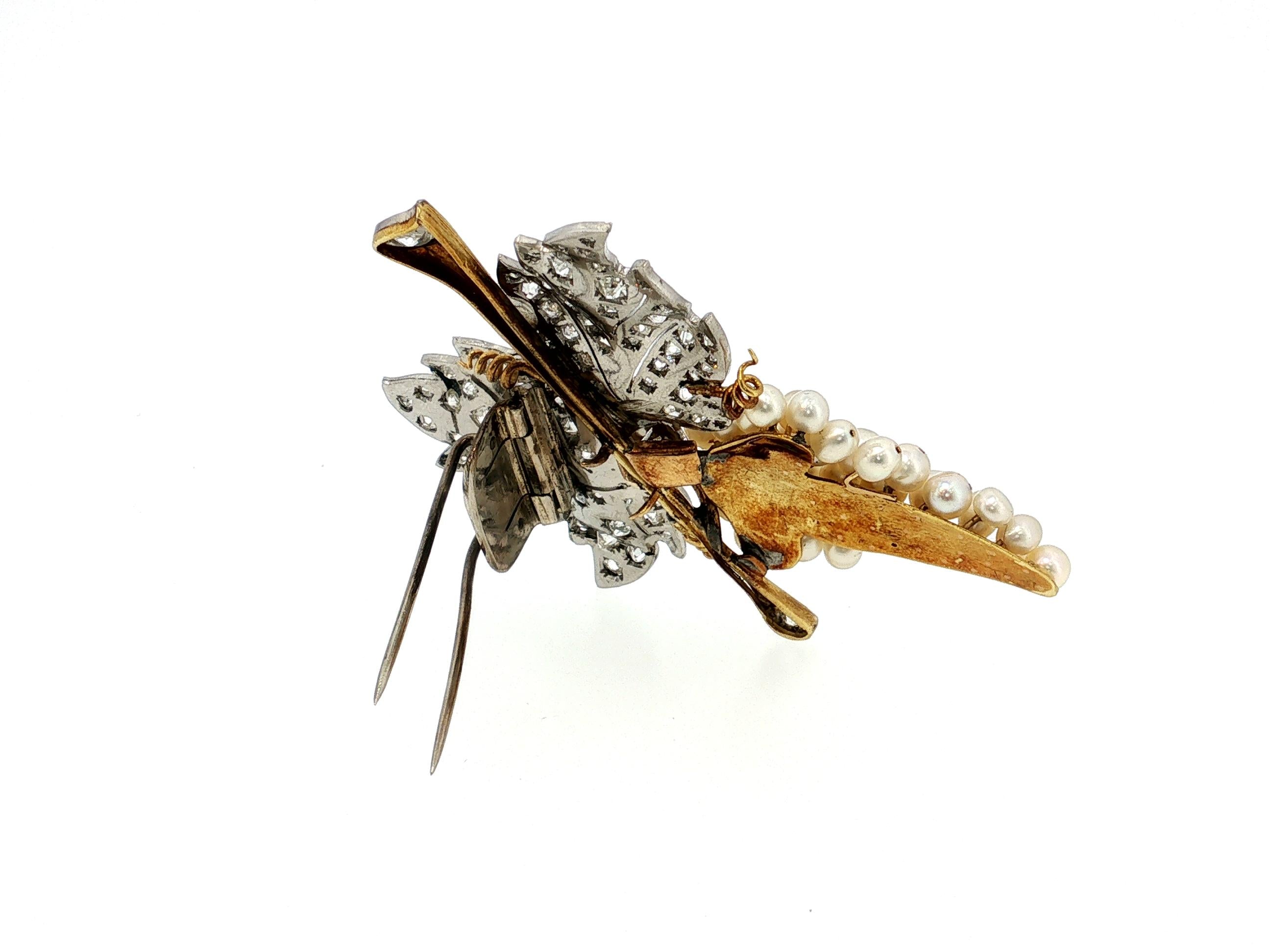 18K Two Tone Gold Pin Brooch 5 Carat Old Miner I SI Diamonds 3.4-4.1 MM Pearls