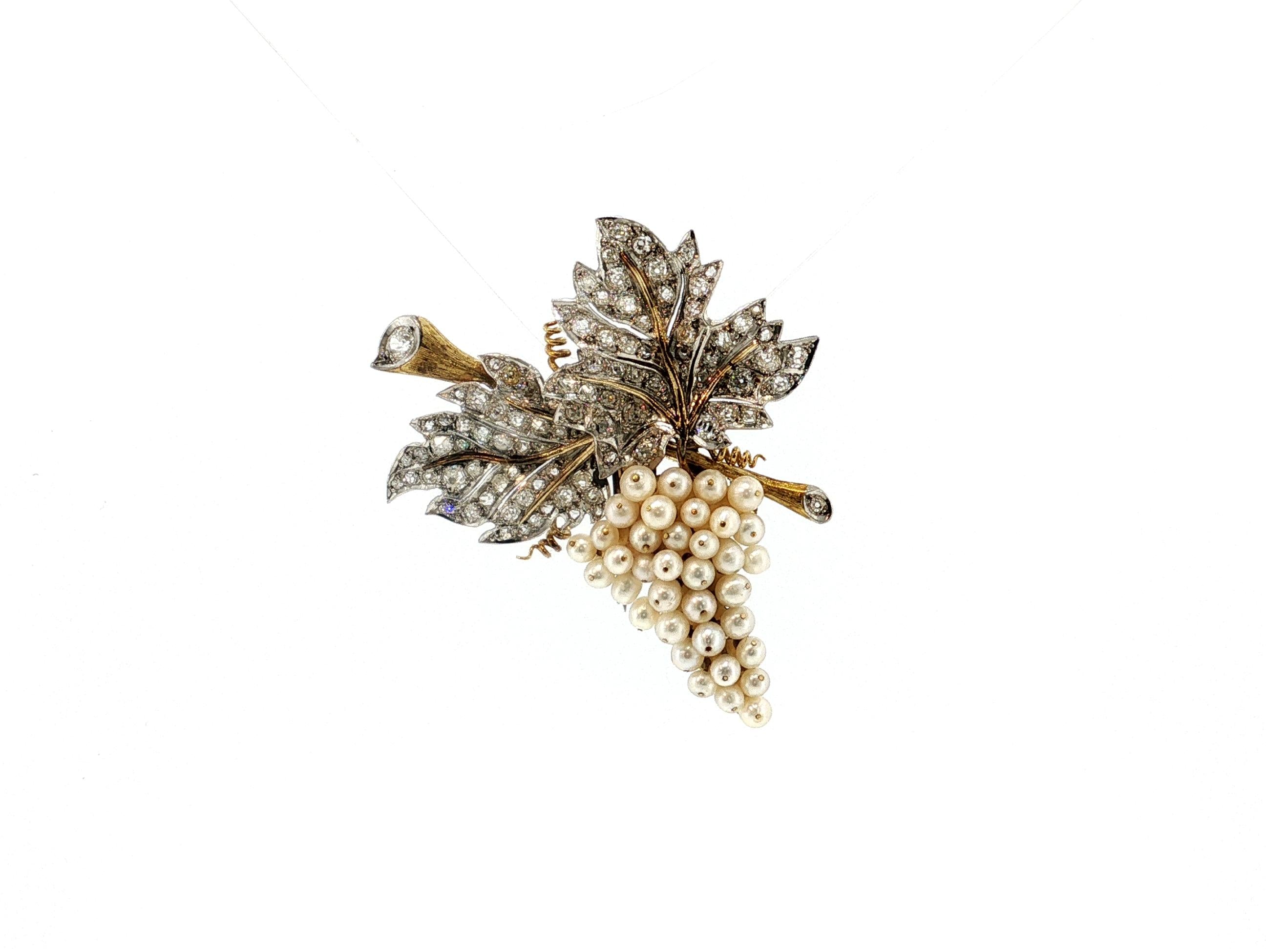 18K Two Tone Gold Pin Brooch 5 Carat Old Miner I SI Diamonds 3.4-4.1 MM Pearls