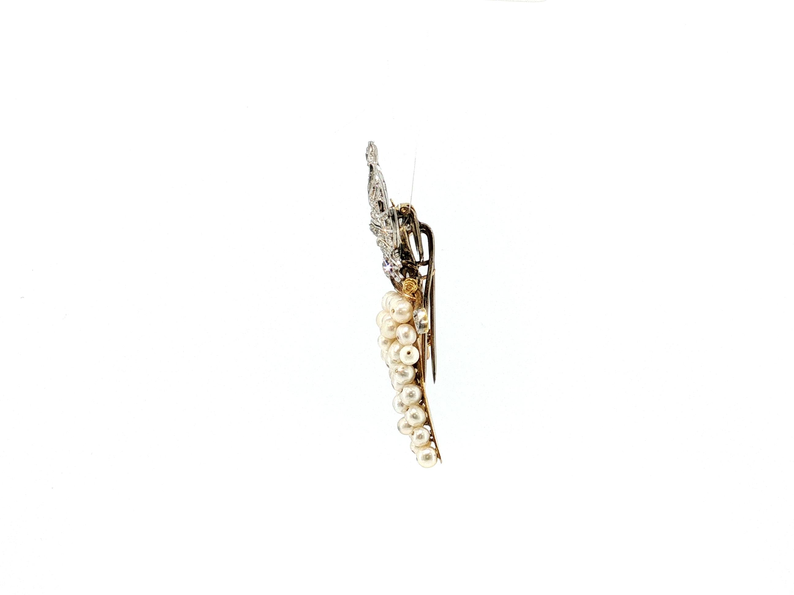 18K Two Tone Gold Pin Brooch 5 Carat Old Miner I SI Diamonds 3.4-4.1 MM Pearls