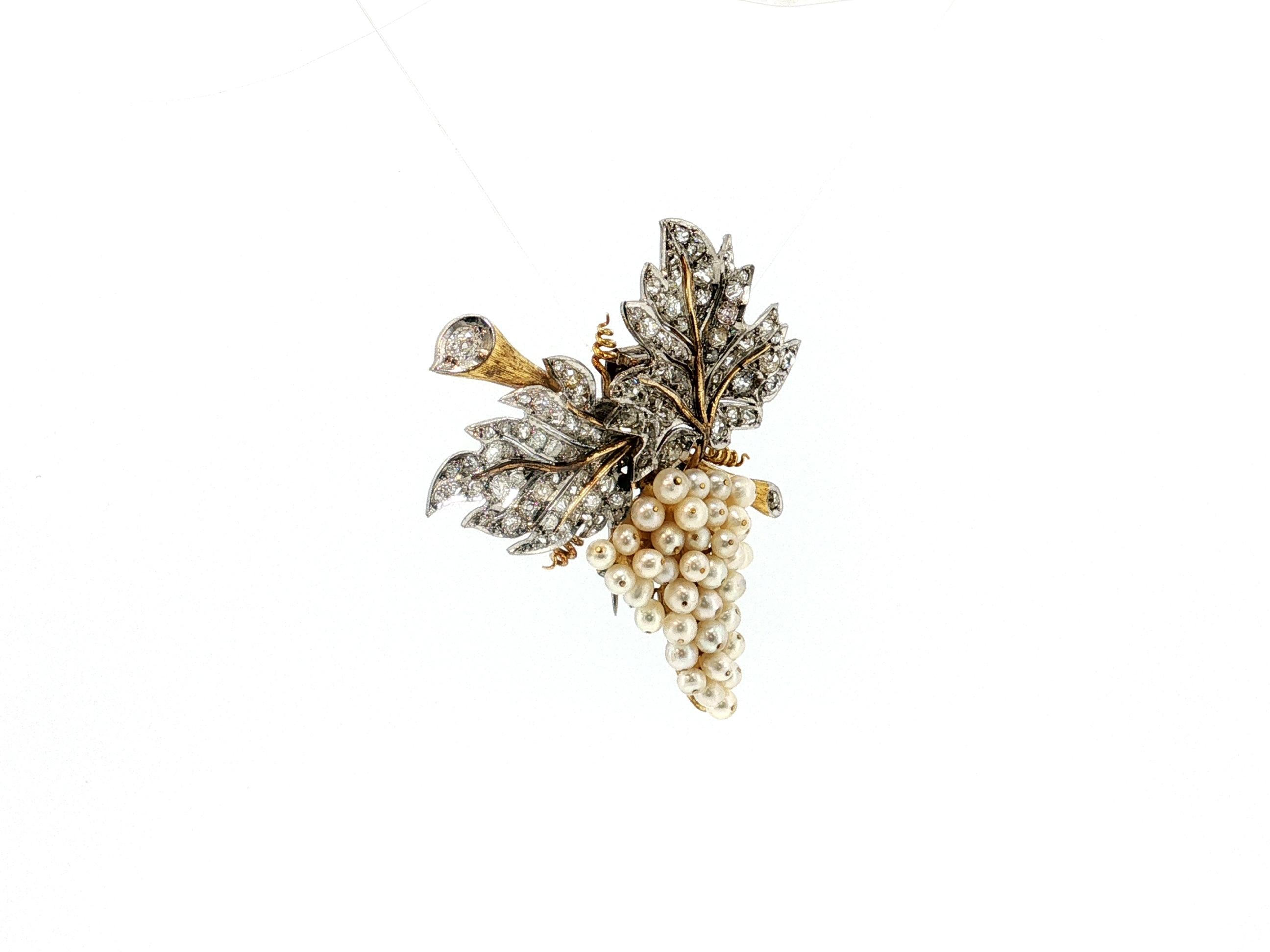 18K Two Tone Gold Pin Brooch 5 Carat Old Miner I SI Diamonds 3.4-4.1 MM Pearls