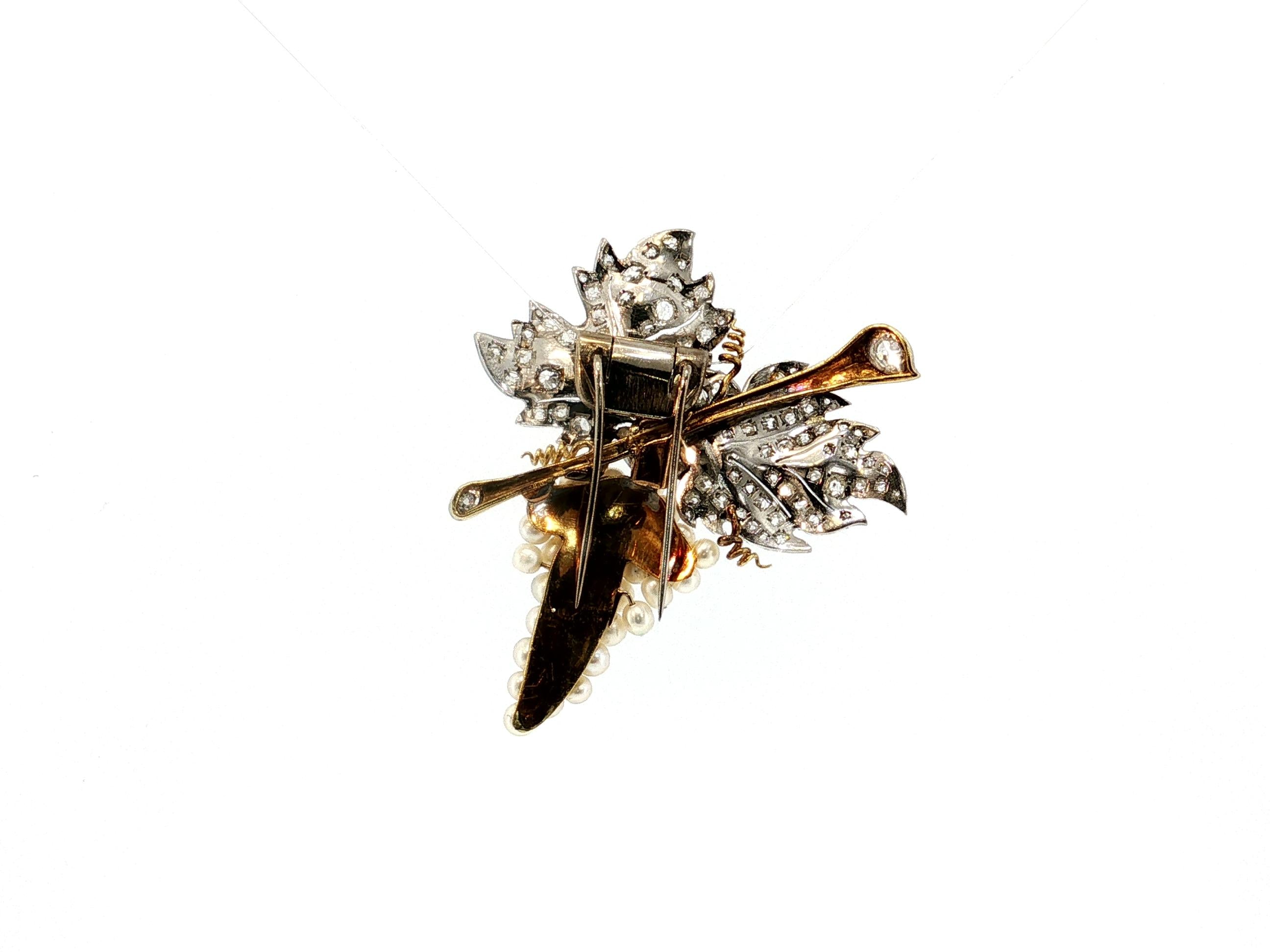18K Two Tone Gold Pin Brooch 5 Carat Old Miner I SI Diamonds 3.4-4.1 MM Pearls