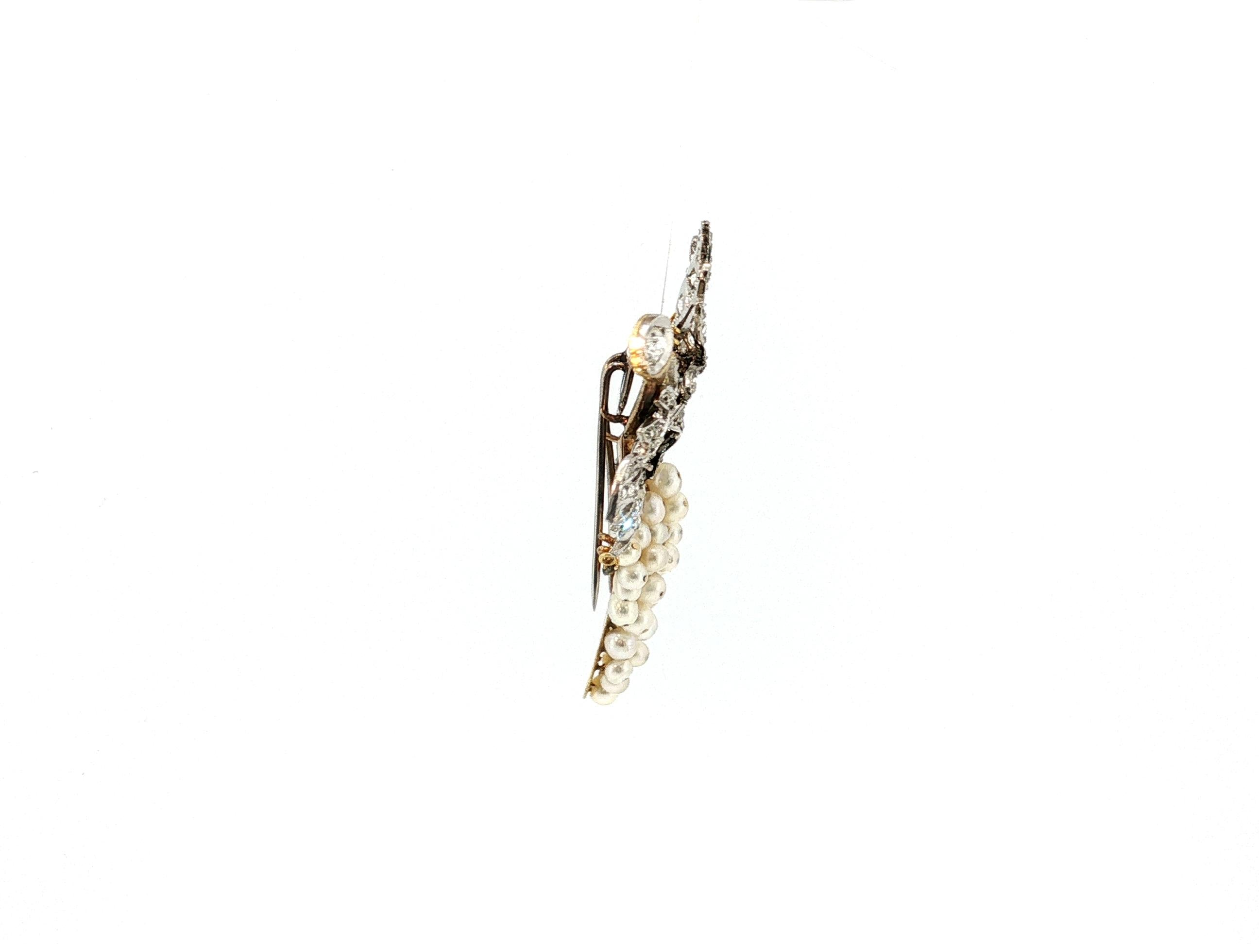 18K Two Tone Gold Pin Brooch 5 Carat Old Miner I SI Diamonds 3.4-4.1 MM Pearls