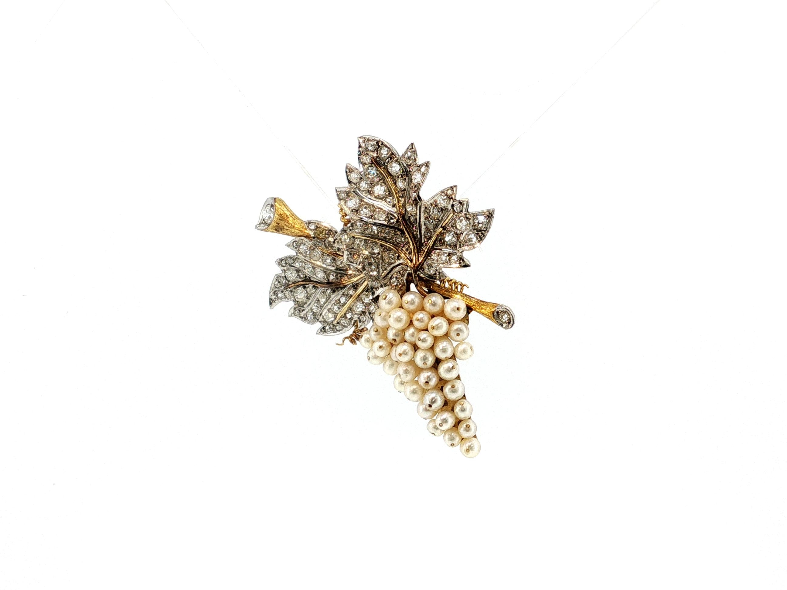18K Two Tone Gold Pin Brooch 5 Carat Old Miner I SI Diamonds 3.4-4.1 MM Pearls
