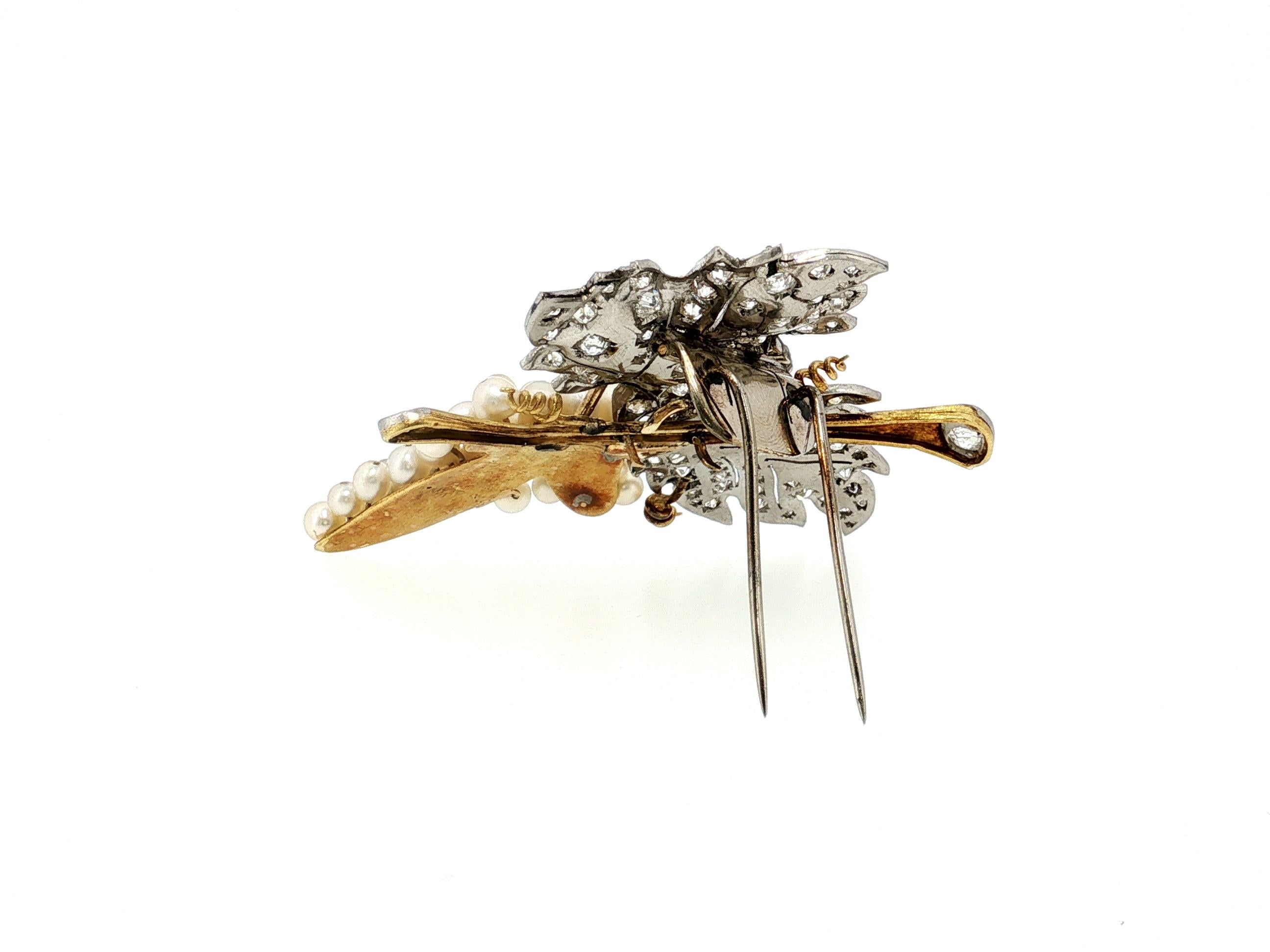18K Two Tone Gold Pin Brooch 5 Carat Old Miner I SI Diamonds 3.4-4.1 MM Pearls
