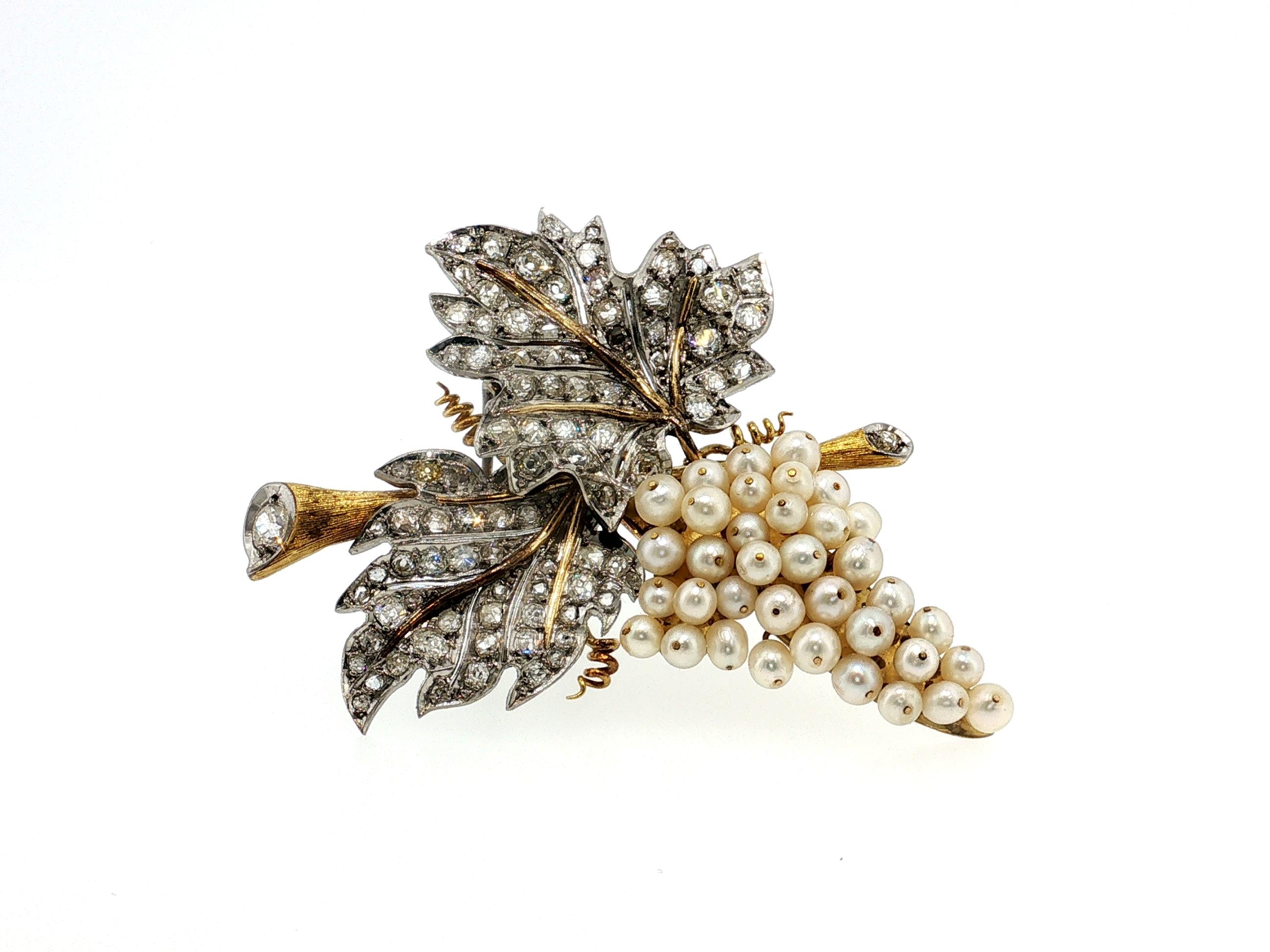 18K Two Tone Gold Pin Brooch 5 Carat Old Miner I SI Diamonds 3.4-4.1 MM Pearls