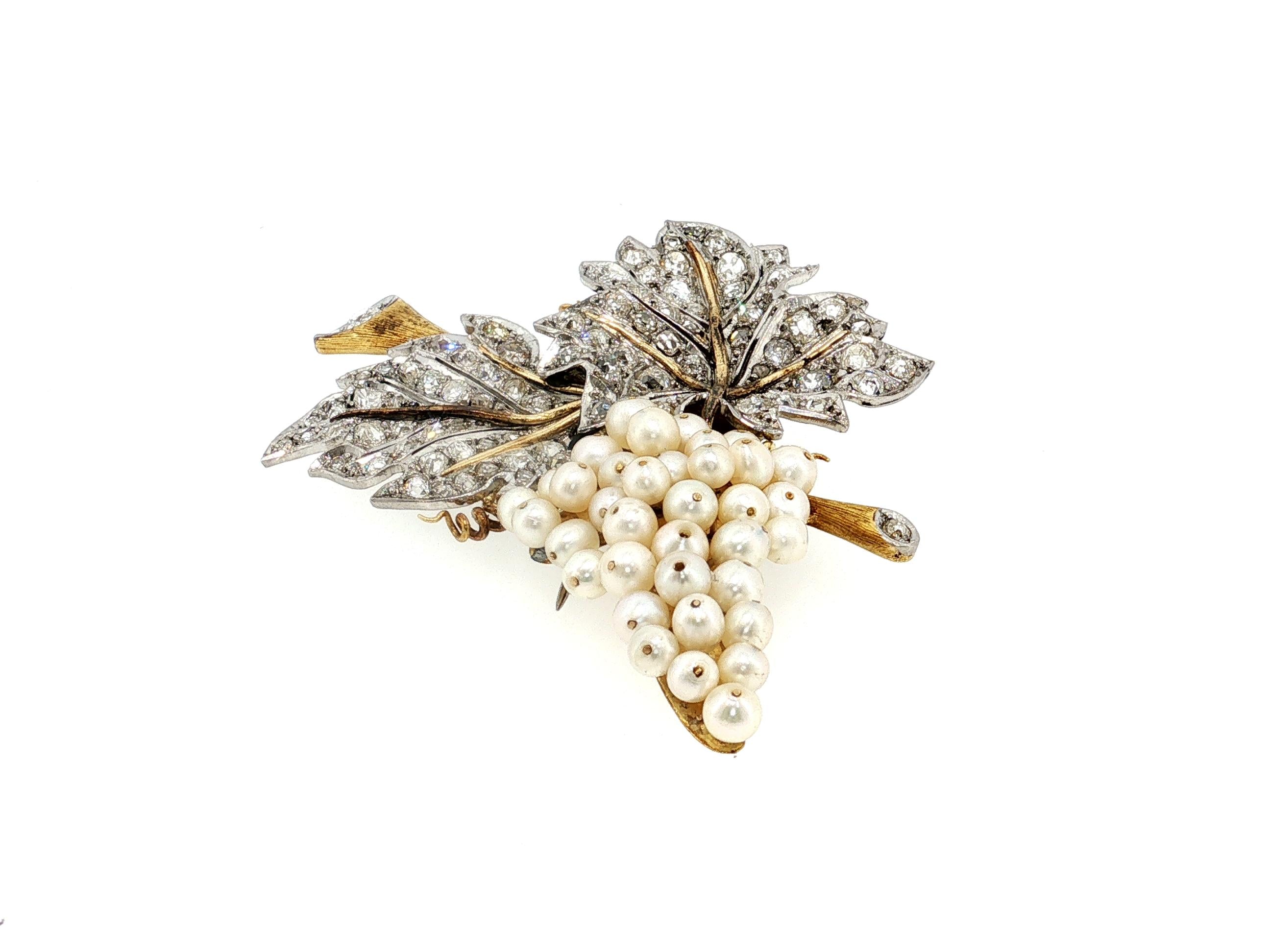 18K Two Tone Gold Pin Brooch 5 Carat Old Miner I SI Diamonds 3.4-4.1 MM Pearls