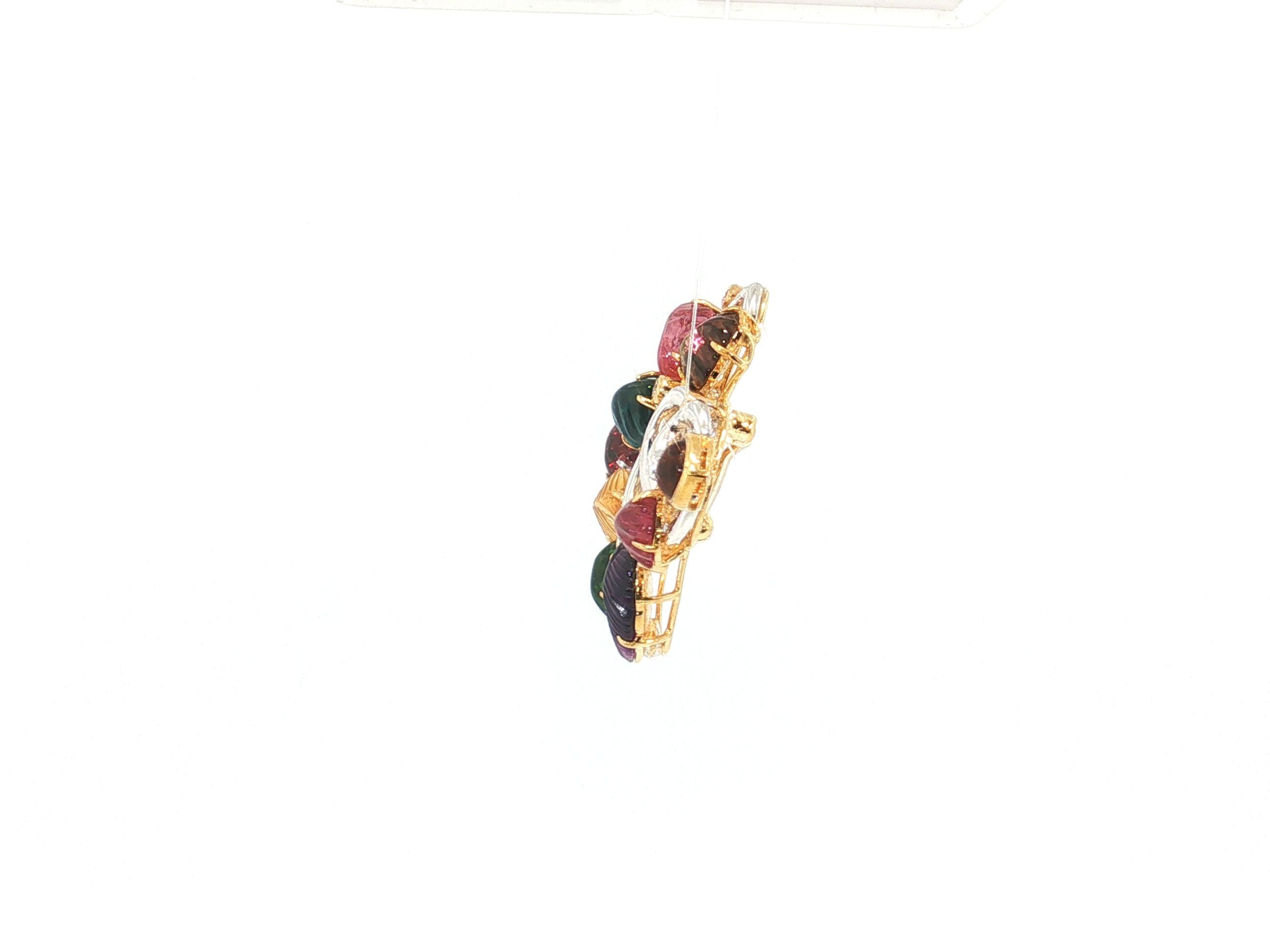 18K Two Tone Gold Pin Brooch with 0.9ct Round G VS Diamonds Quartz & Tourmaline