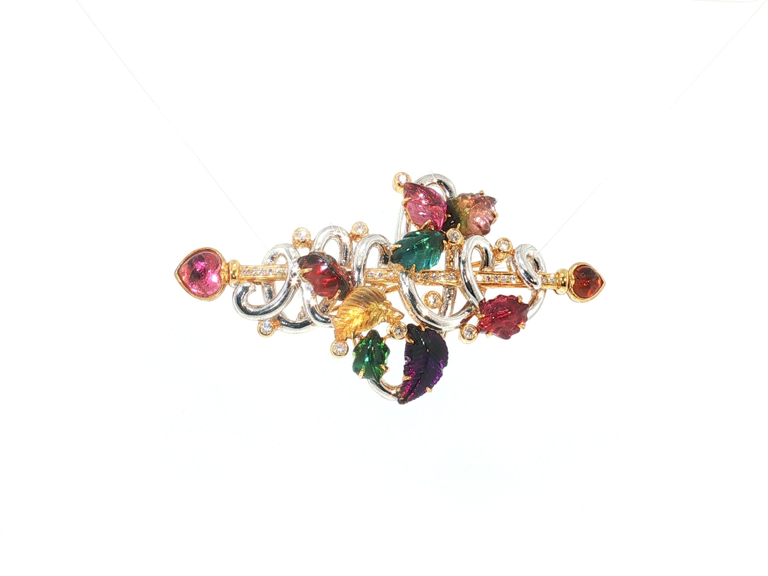 18K Two Tone Gold Pin Brooch with 0.9ct Round G VS Diamonds Quartz & Tourmaline