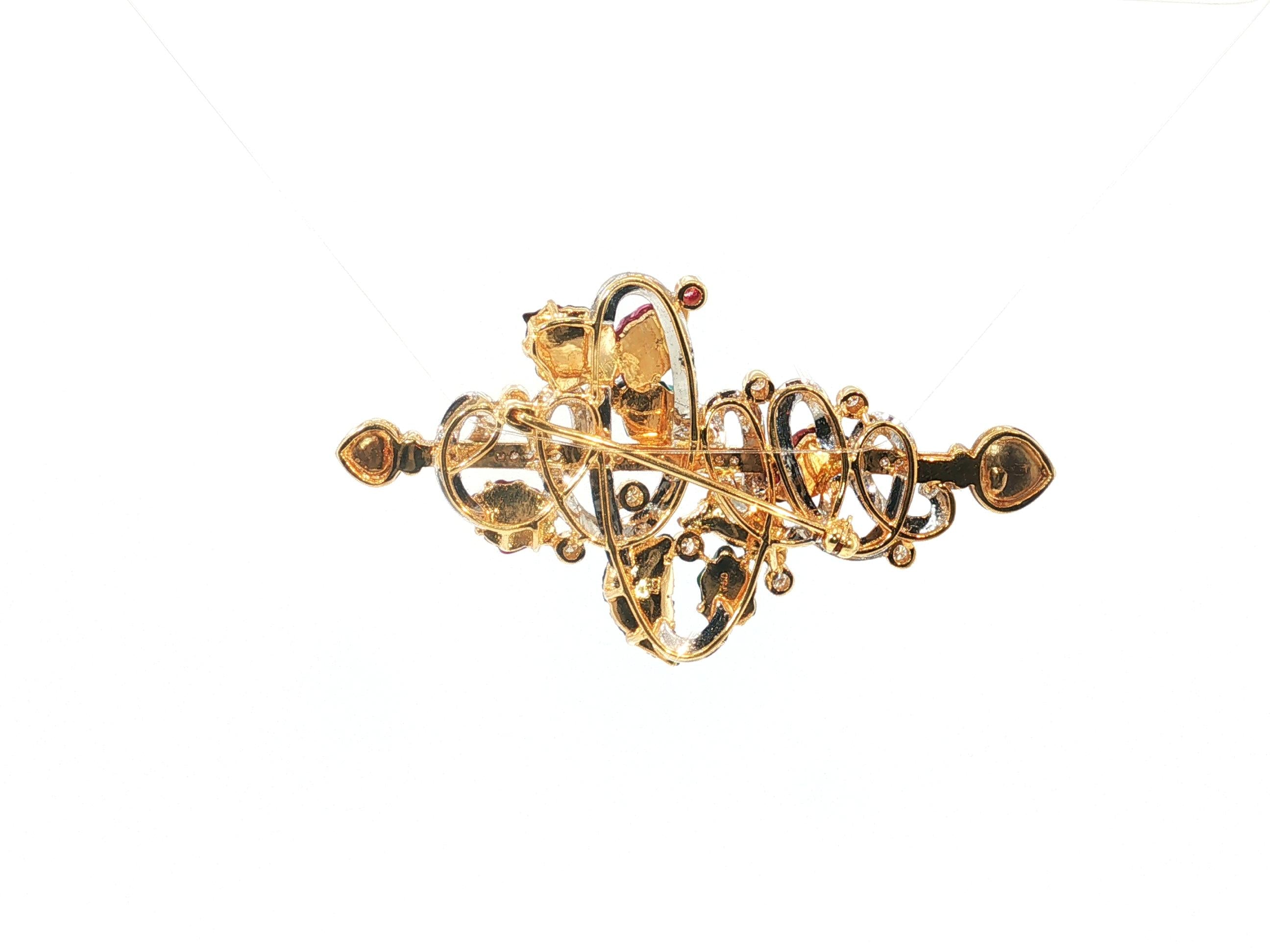 18K Two Tone Gold Pin Brooch with 0.9ct Round G VS Diamonds Quartz & Tourmaline