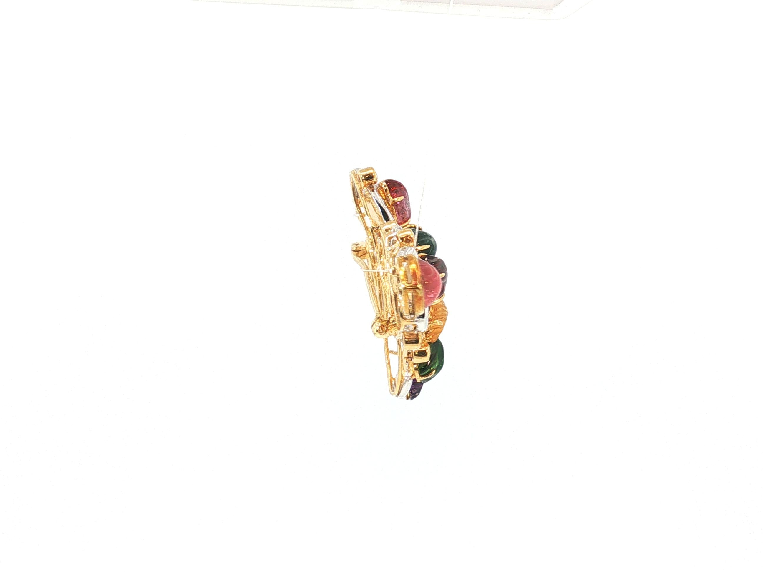18K Two Tone Gold Pin Brooch with 0.9ct Round G VS Diamonds Quartz & Tourmaline