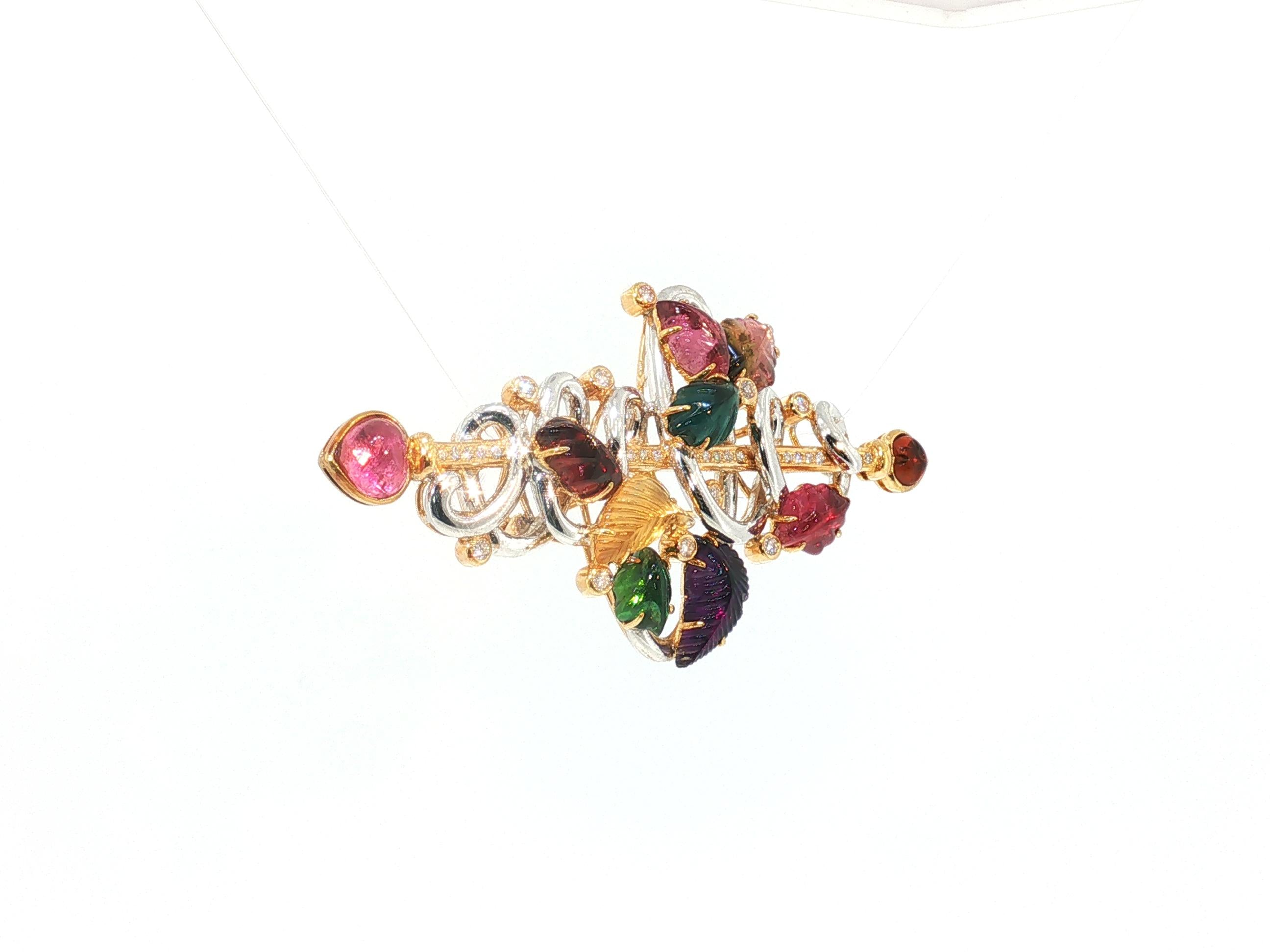 18K Two Tone Gold Pin Brooch with 0.9ct Round G VS Diamonds Quartz & Tourmaline