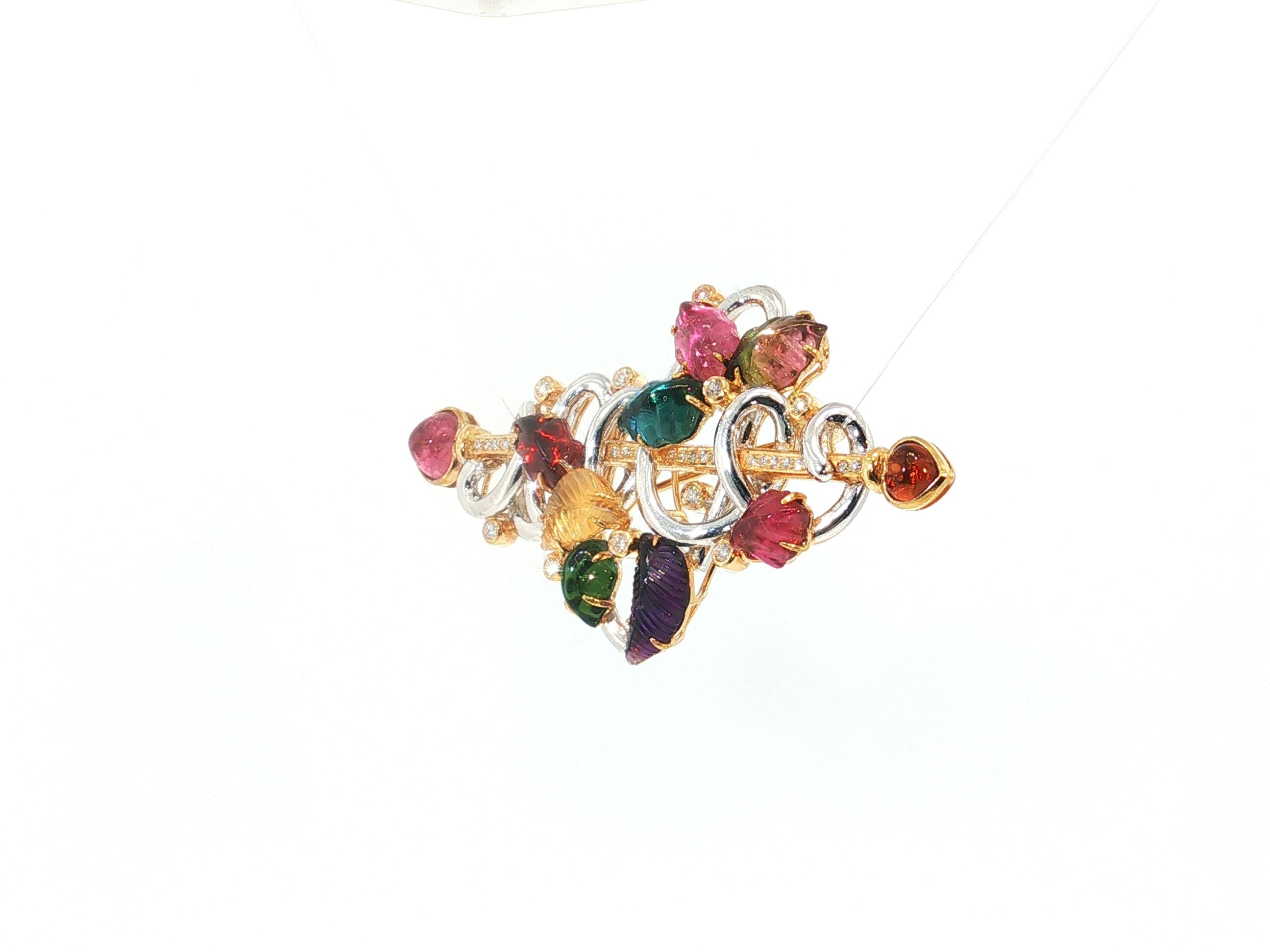 18K Two Tone Gold Pin Brooch with 0.9ct Round G VS Diamonds Quartz & Tourmaline