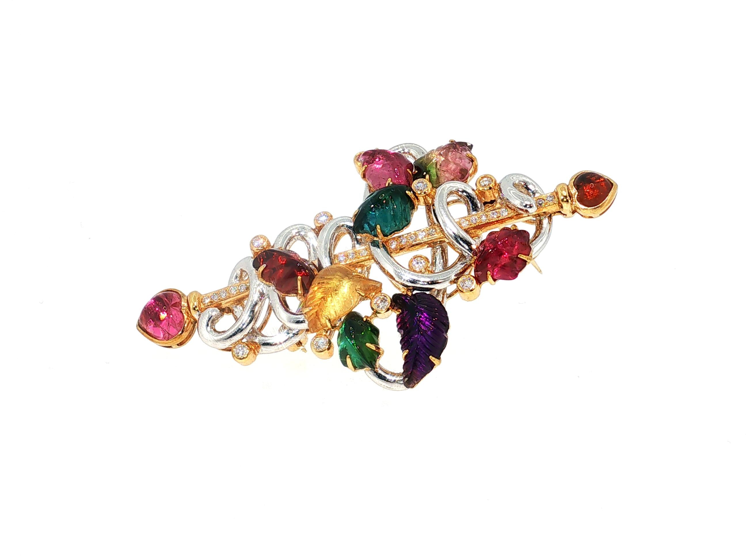 18K Two Tone Gold Pin Brooch with 0.9ct Round G VS Diamonds Quartz & Tourmaline