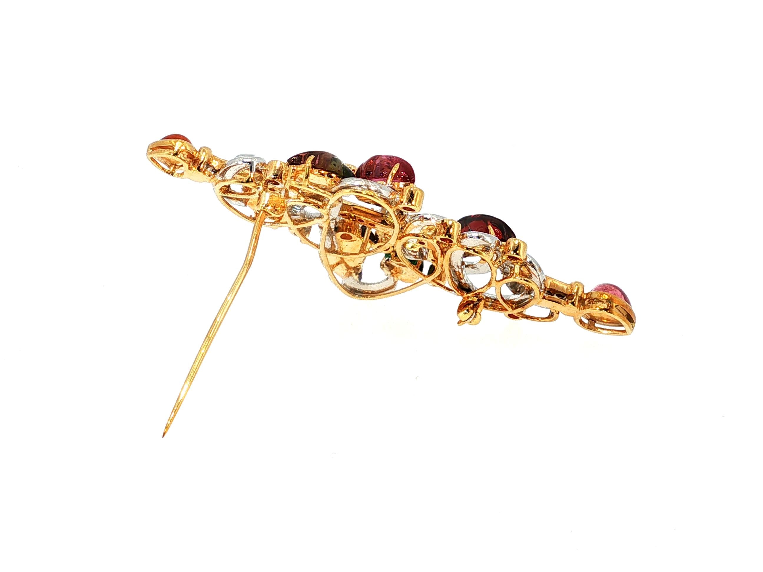18K Two Tone Gold Pin Brooch with 0.9ct Round G VS Diamonds Quartz & Tourmaline