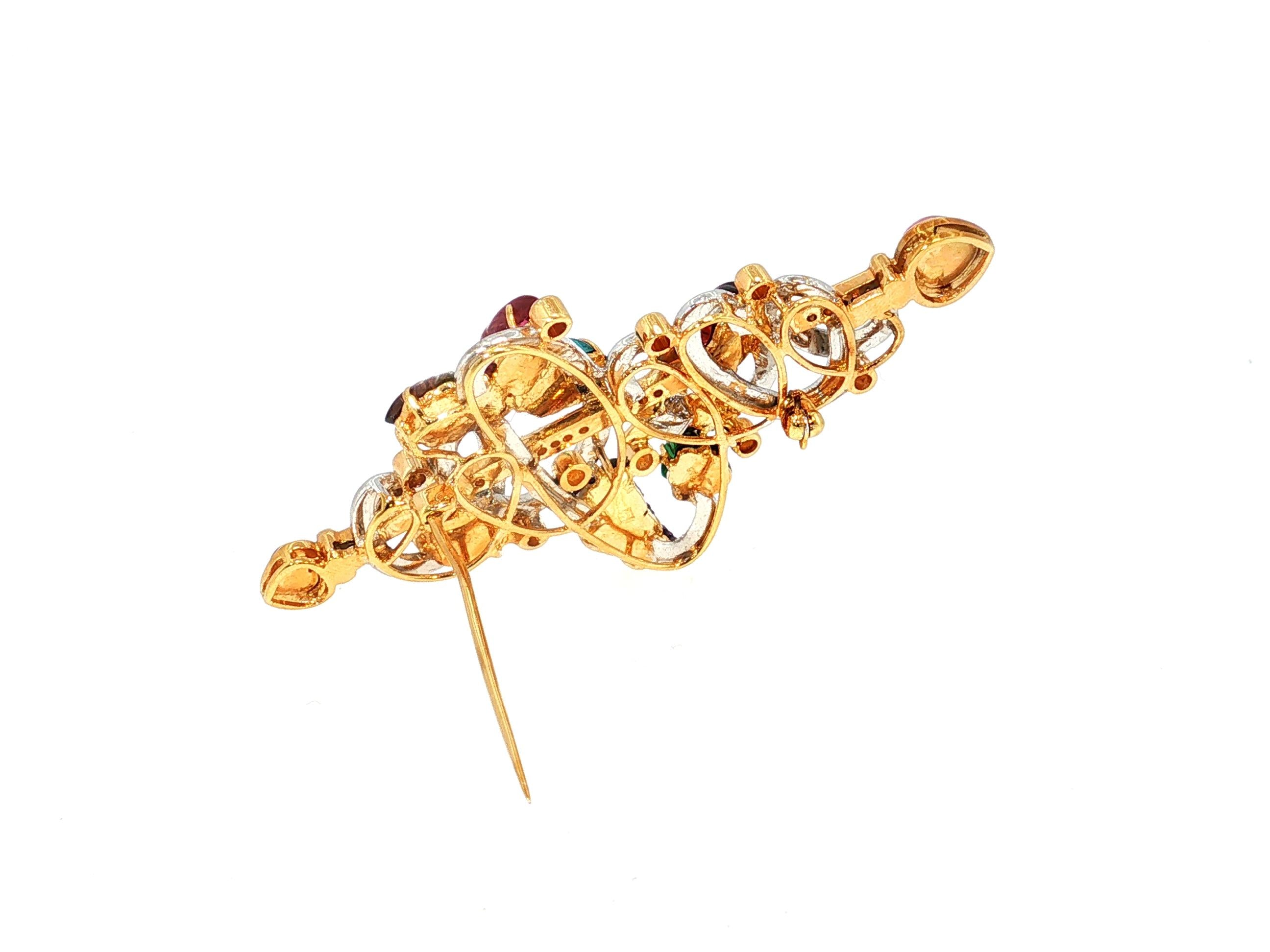18K Two Tone Gold Pin Brooch with 0.9ct Round G VS Diamonds Quartz & Tourmaline