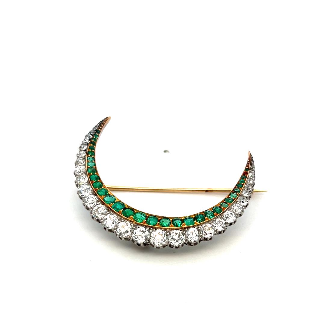 Vintage Two Tone Gold Pin Brooch 2ct Old European Cut Diamonds & 1.15ct Emerald